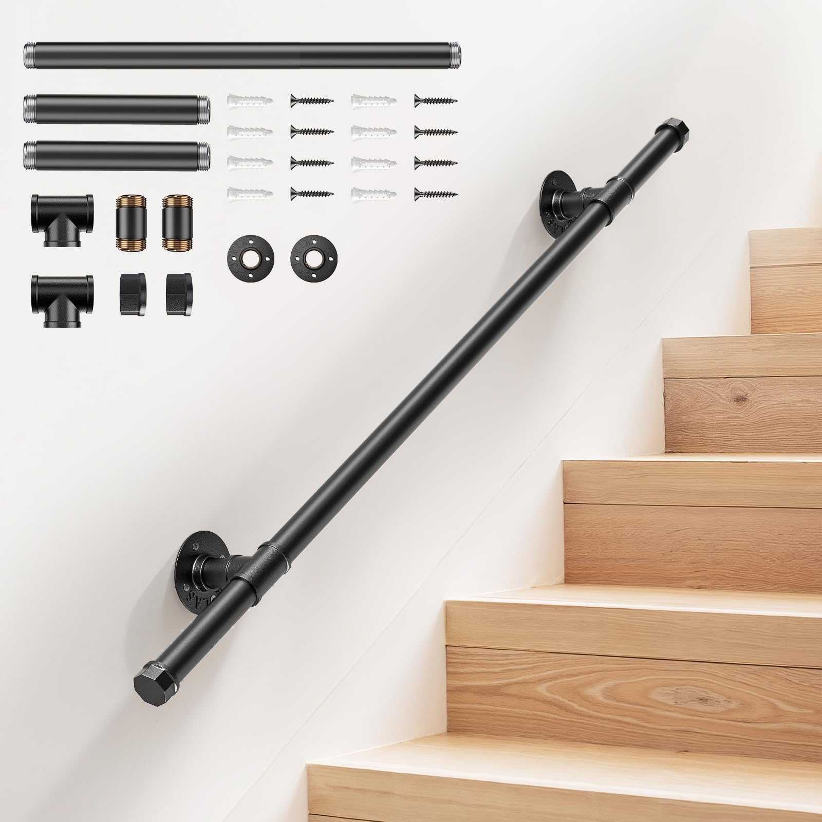 Kit Corrimano Per Scale Con Sensore Di Movimento LED – Alluminio Nero, 48 Mm Di Diametro, Lunghezze 91-610 Cm, Per Scale Interne Ed Esterne