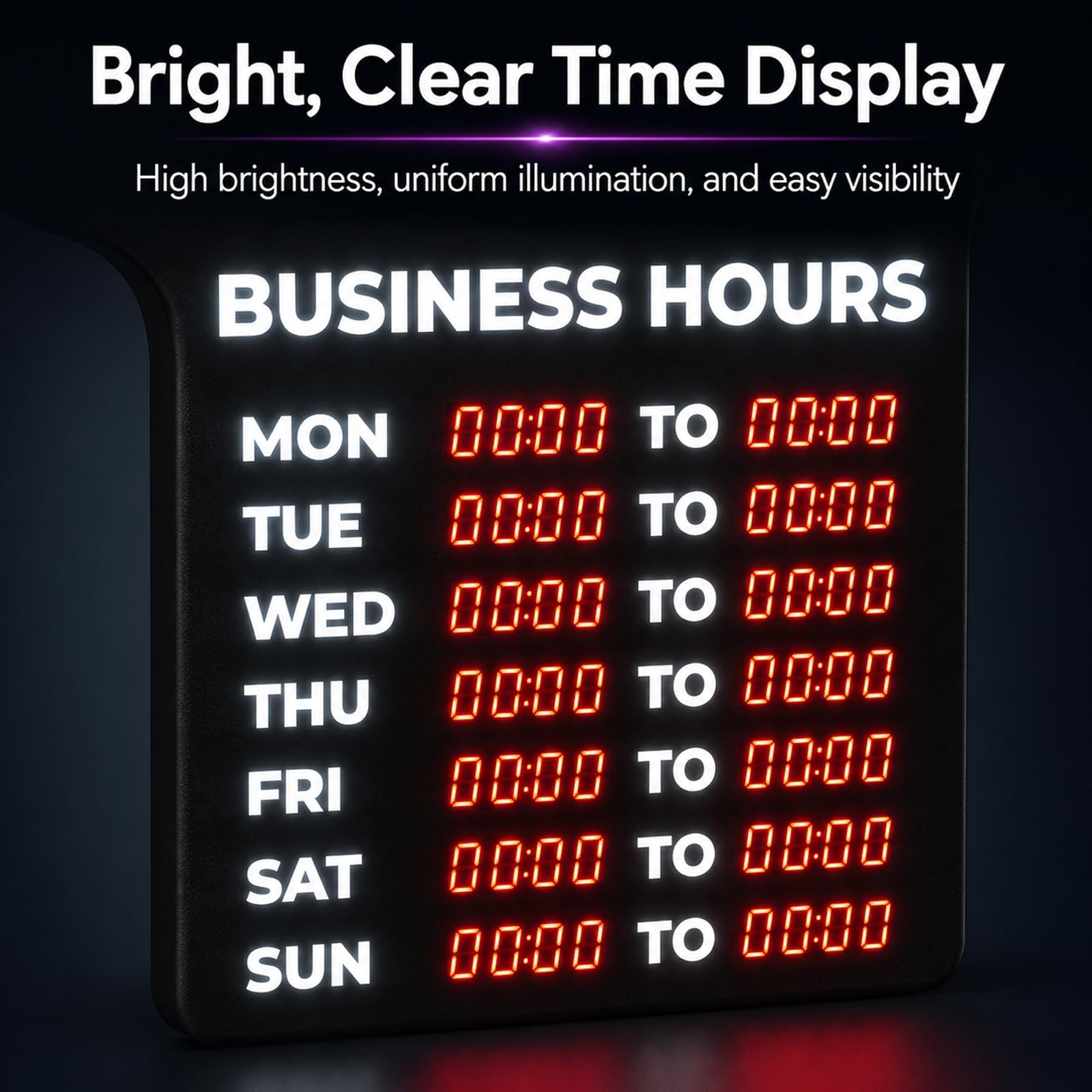 Insegna aperta a LED con orari settimanali, display a 7 colori