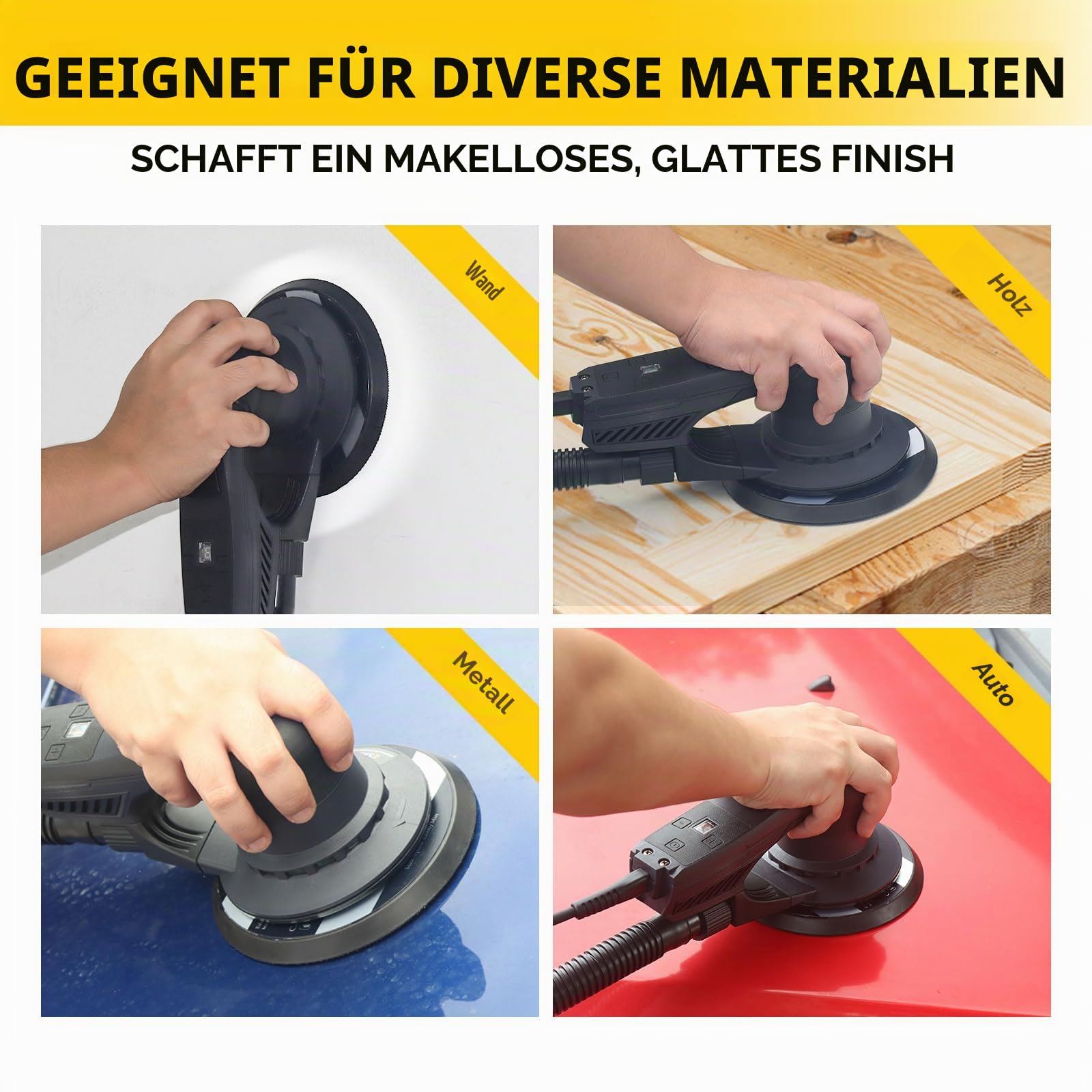 125/150 mm Bürstenloser Exzenterschleifer 360W mit 5 mm Hub | 7 Geschwindigkeiten 4K–10K U/min, 4m Kabel, staubabsaugend, vibrationsarm. Je 10 Schleifpapiere für Holz, Metall, Karosserie