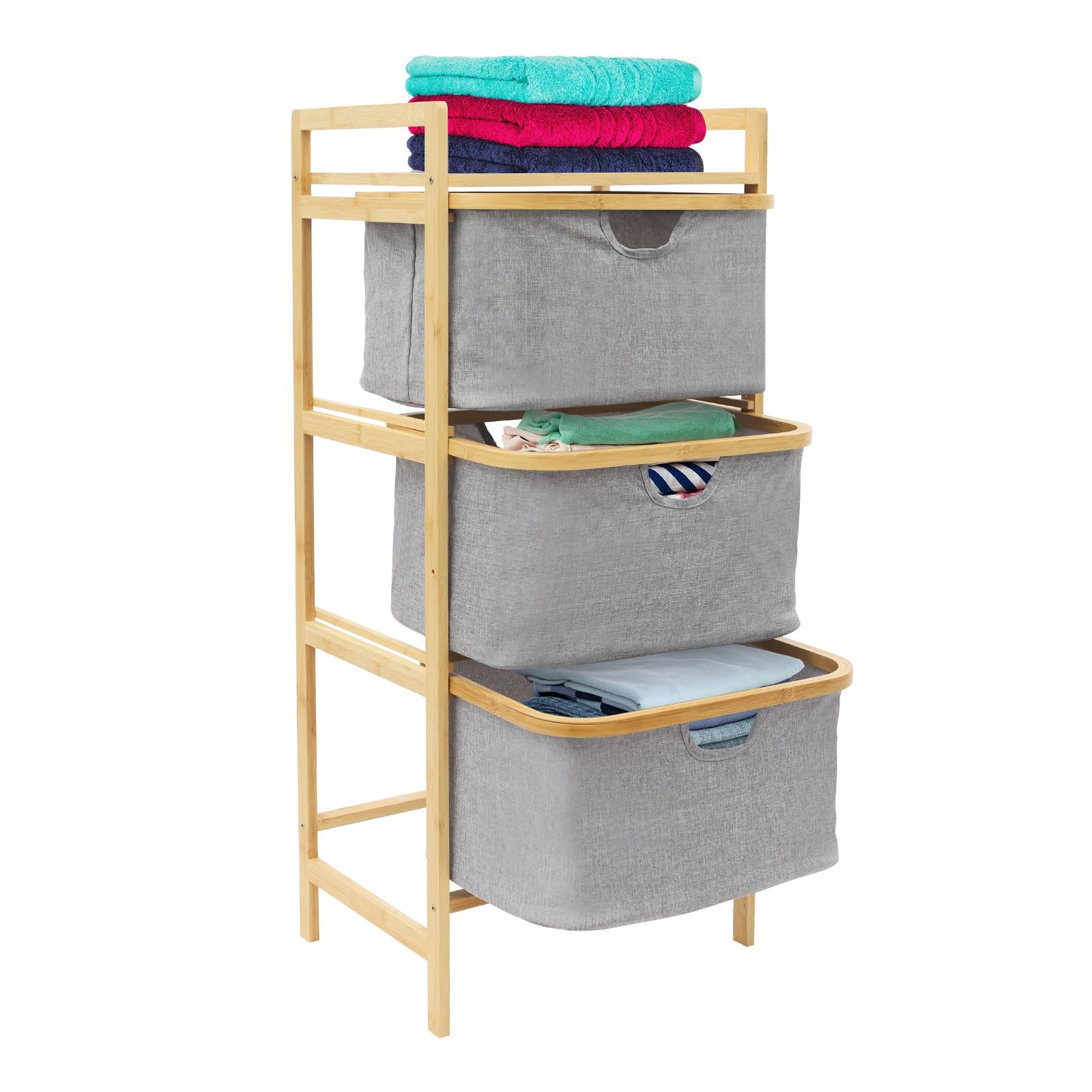 3 Tier Bamboo Laundry Hamper Slide Out Cationic Fabric Sorting Basket