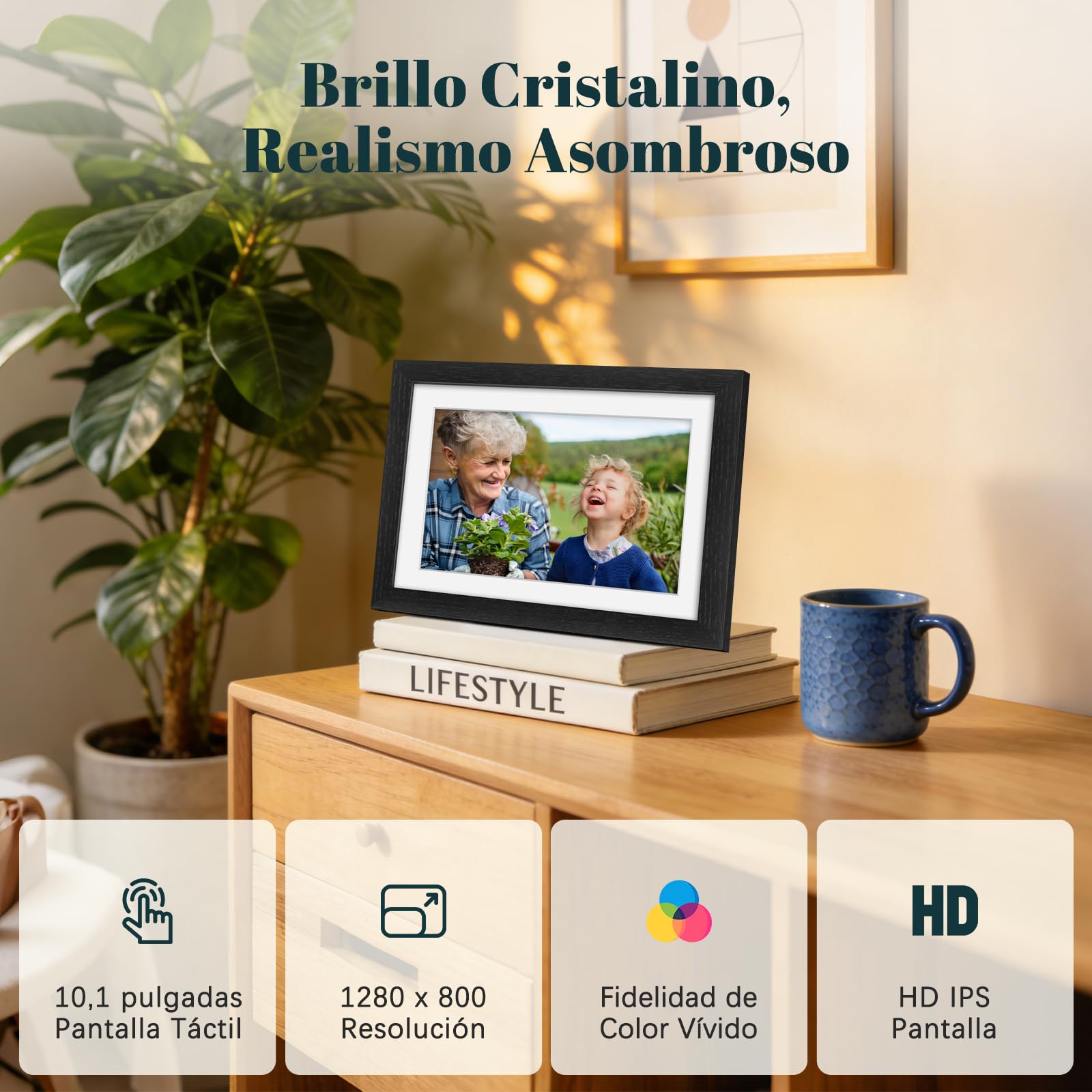 Frameo Marco de Fotos Digital WiFi 10.1 Pulgadas Negro Madera de Roble Memoria Incorporada 32GB, HD 1280x800 IPS, Pantalla Táctil para Fotos/Videos, Rotación Automática, Montaje en Pared
