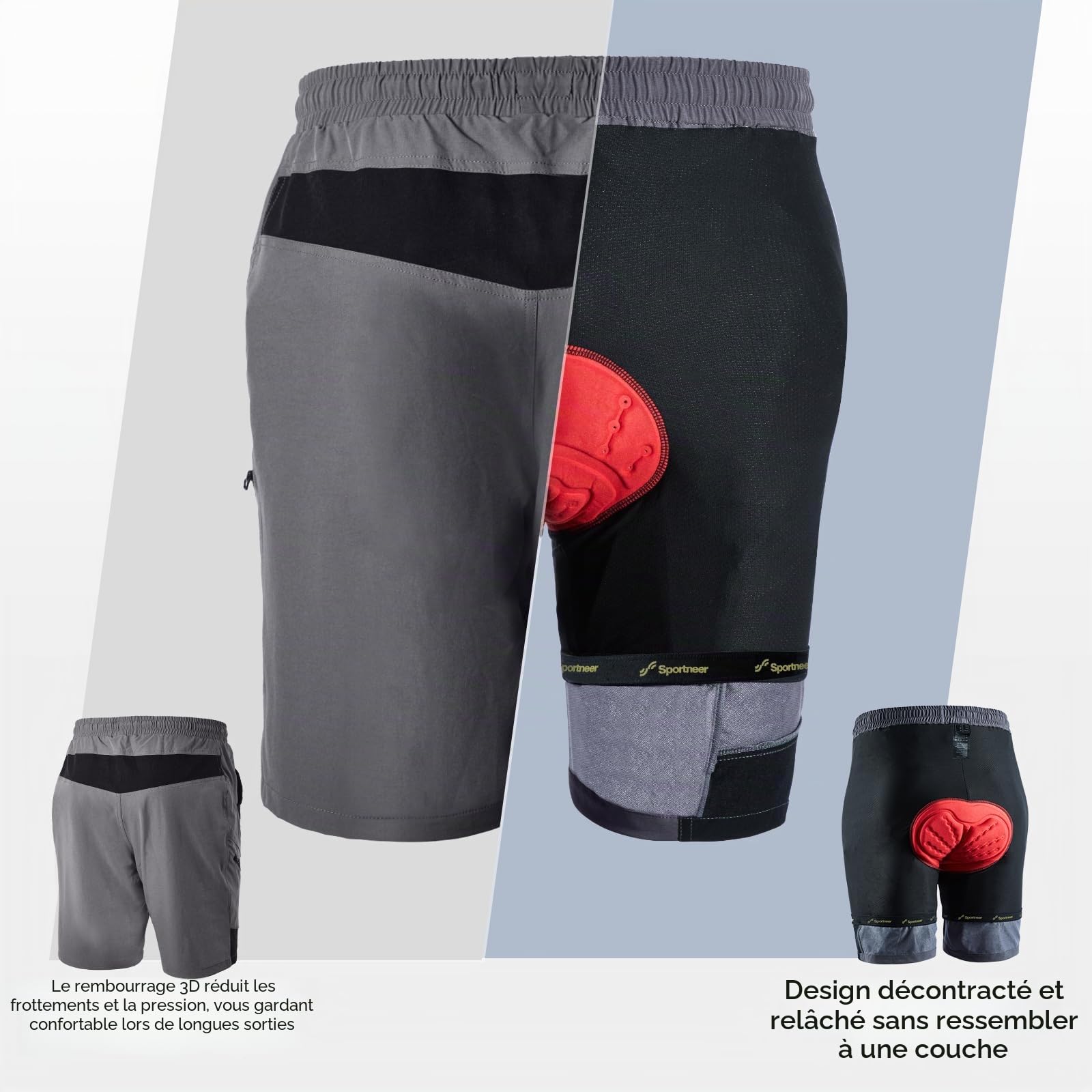Sportneer Cuissard de Cyclisme rembourré pour Homme - Doublure 3D - pour VTT, Sport, Cyclisme, Plein air