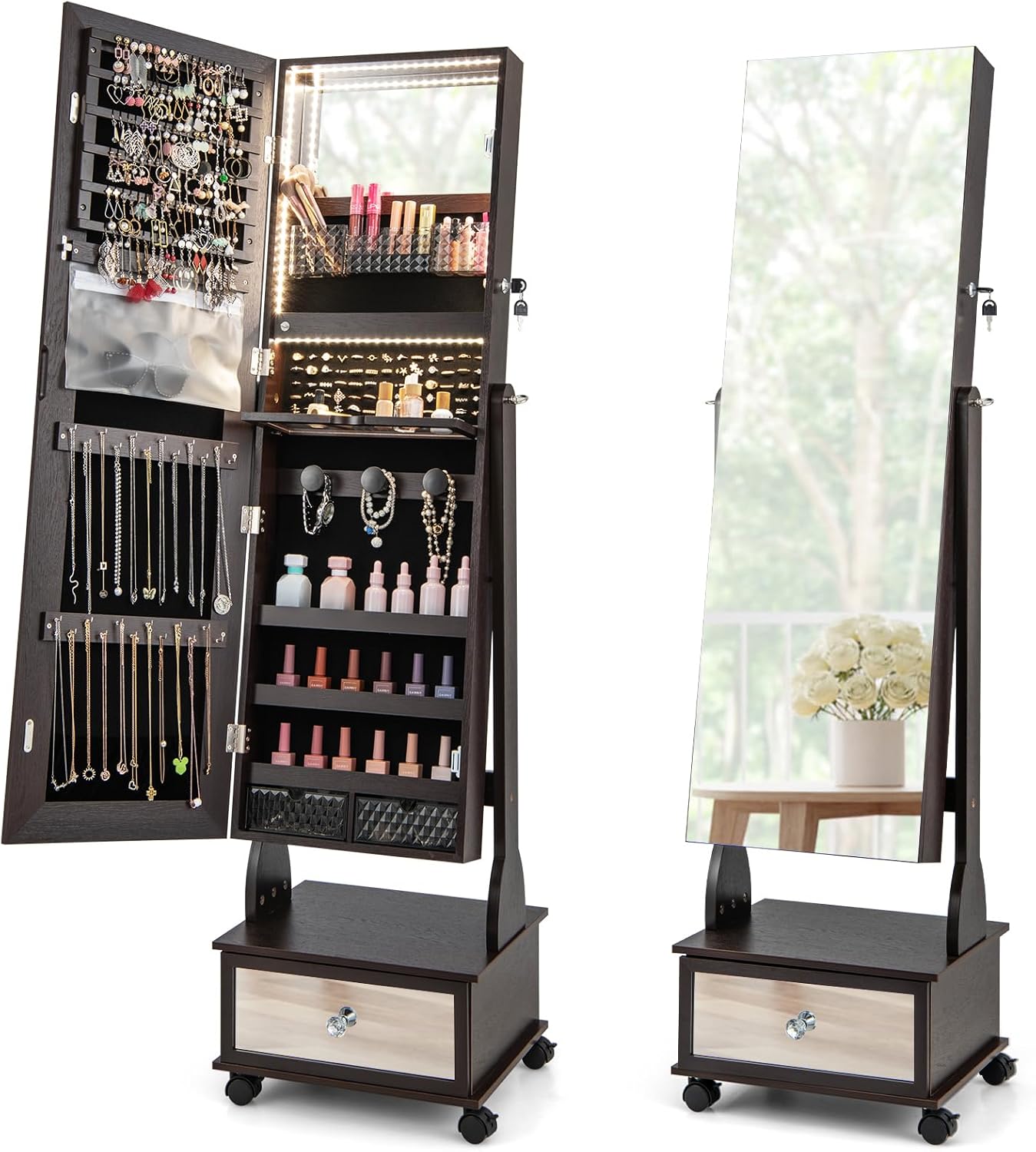 CHARMAID Rolling Jewelry Armoire with Full Length Mirror, Lockable Standing Jewelry Cabinet Organizer with Wheels & 3-Color Lights, Mirror with Jewelry Storage, Drawers & Shelves (Espresso)