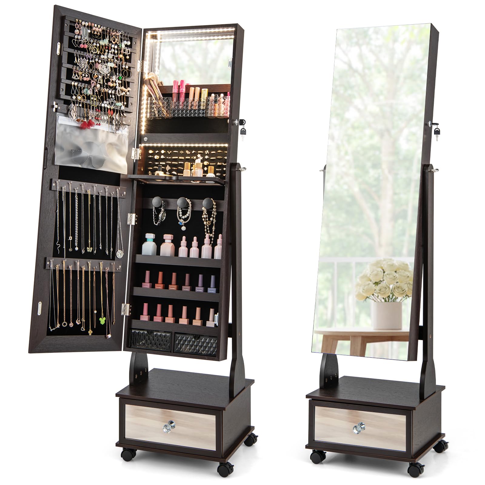 COSTWAY Armadio Portagioie da Terra con Ruote, Specchio Portagioie con Luci LED, Specchio Porta Gioie con Cassetto, Organizer per Gioielli e Accessori (Marrone, 42 x 35 x 159 cm, Con Cassetto)