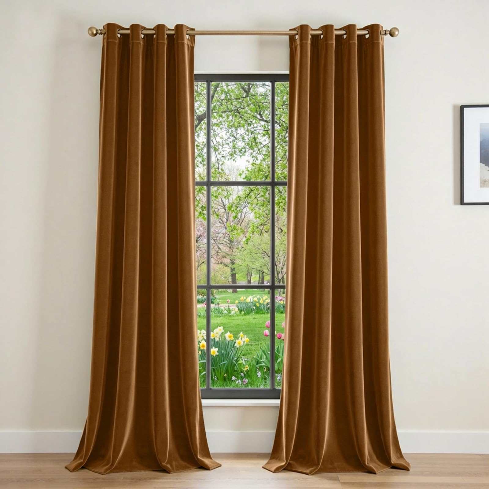 Lazzzy Blackout Velvet Gold Thermal Insulated Curtains 108 Inch Extra Long Drapes for Bedroom Living Room Window Treatments Grommet Luxury Drapes Set of 2 Panels Gold Brown โ image 1