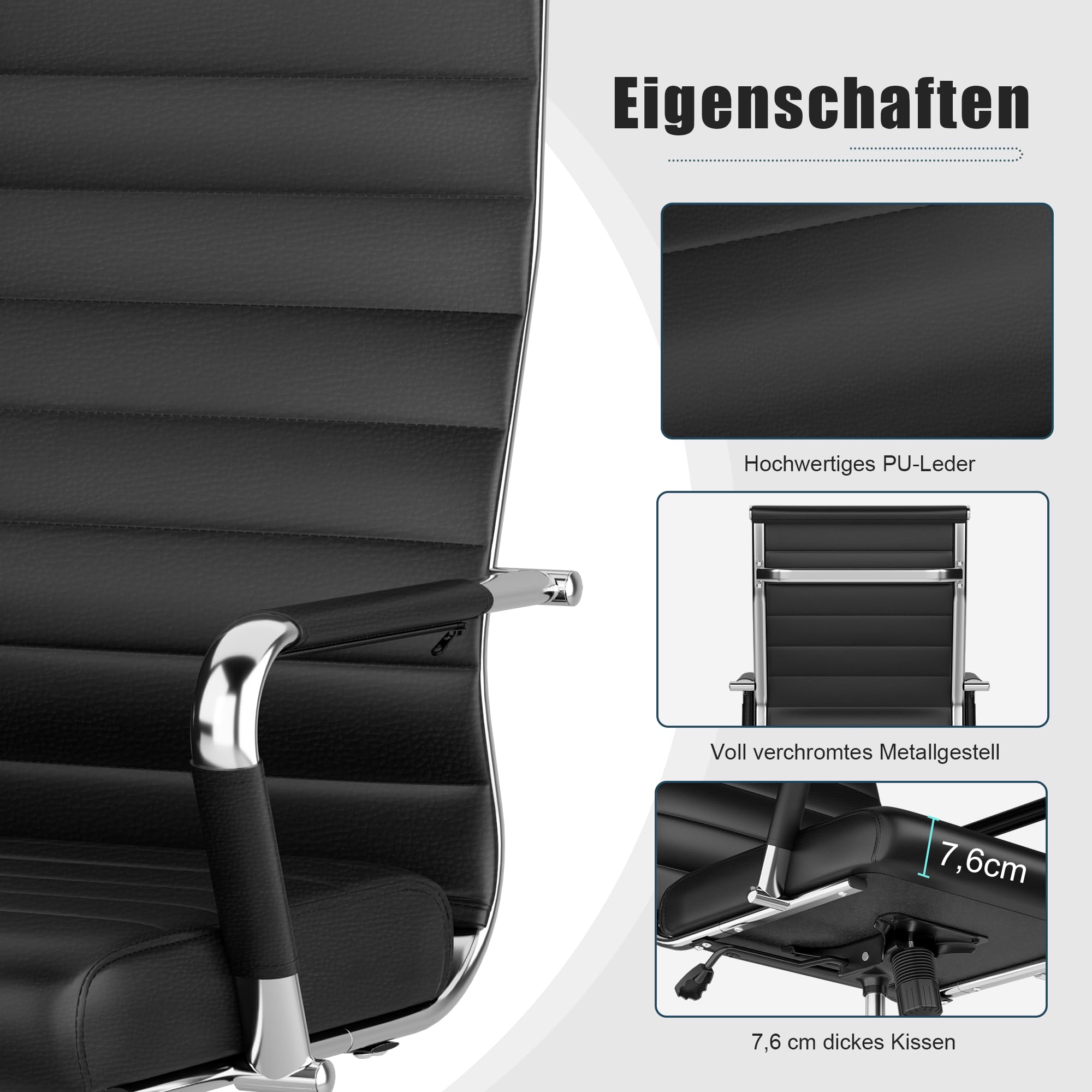 UEV Bürostuhl Ergonomisch aus Kunstleder Drehstuhl Schwarz | Schreibtischstuhl mit Armlehne Office Chair S-förmige Lendenwirbelstütze gepolsterter Sitz höhenverstellbar aus Kunstleder