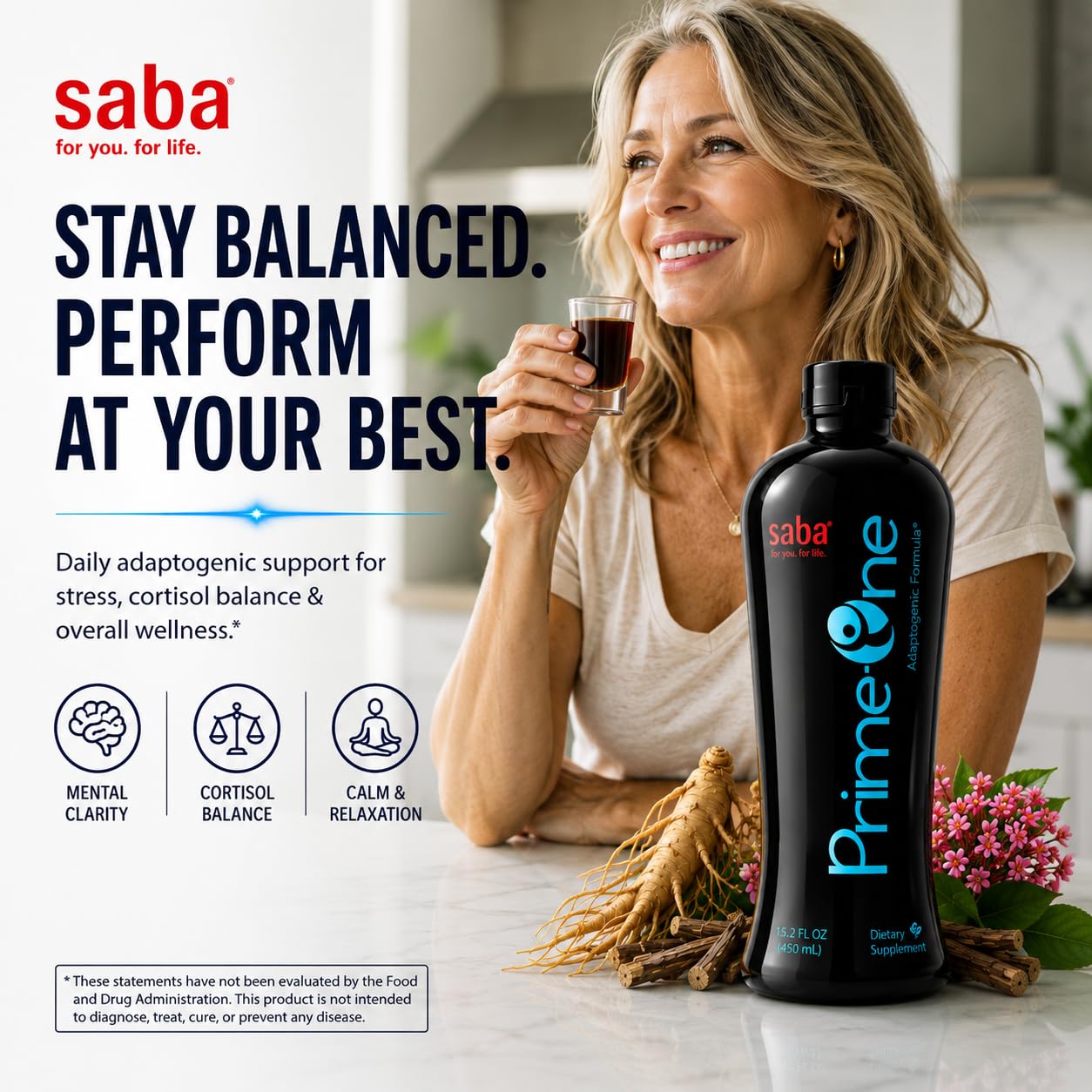 Saba Prime One Liquid Adaptogen – Stress Support Supplement with Ashwagandha, Rhodiola, Reishi Mushroom, Ginseng & Eleuthero for Calm, Focus, Energy & Healthy Cortisol Response, 32 Fl Oz, 63 Servings — Amazon image 8
