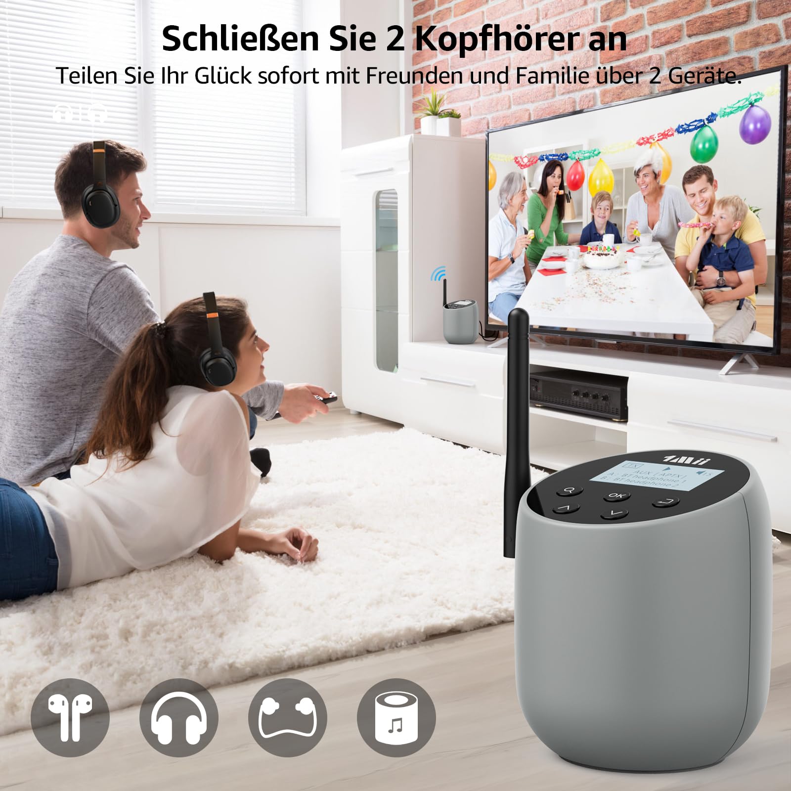 1Mii DS70 Audio-Bluetooth-Sender für Fernseher zu kabellosen Kopfhörern/Lautsprechern, aptX AD/HD/LL/aptX/SBC, optische/AUX-/Cinch-Buchsen und Mikrofoneingang, kompatibel mit 99% Aller Fernseher