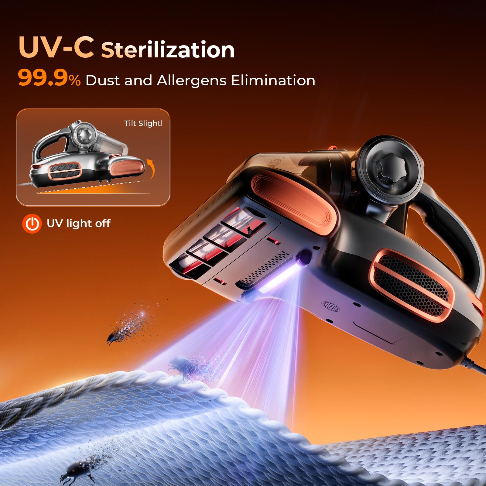 JIGOO T600 Aspiratore per Materassi con luce UV e Vibrazione, 700W 15kpa Battimaterasso Antiacaro, Rimuove il 99,9%, Indicatore LED, 60 ℃ 5s, Riscaldamento Rapido, 72 dB Design Silenzioso