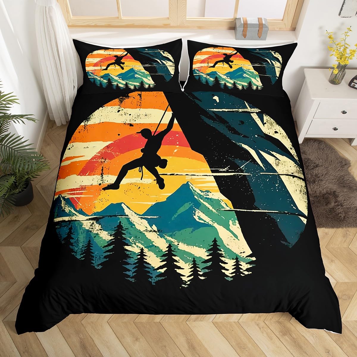 Homewish Klettern Bouldering Bettwäsche Set 135x200, Bergsteiger Gedruckt Bettbezug, Klettern Extreme Sports Theme Bett Set für Männer Frauen, Retro Grunge Stil Tröster Abdeckung