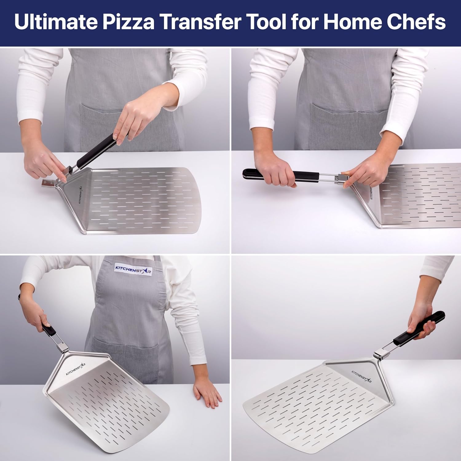 Pala perforada de pizza de 12 pulgadas con mango plegable de 10 pulgadas, tamaño mediano, espátula de acero inoxidable para transferencia de pizza sin esfuerzo y fácil almacenamiento 5