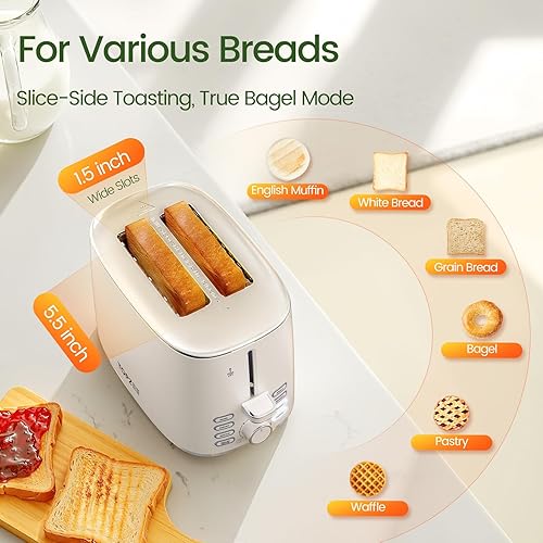 Miniatura 3 de Topzee Tostadora de 2 rebanadas, ranura ancha para tostar panes sin gluten, 7 ajustes de sombra, descongelar y recalentar, acero inoxidable, fácil