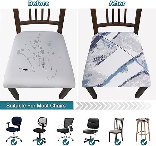 Miniatura 5 de SearchI Juego de 4 fundas de asiento para sillas de comedor, fundas de asiento elásticas con estampado, extraíbles y lavables, fundas de cojín para