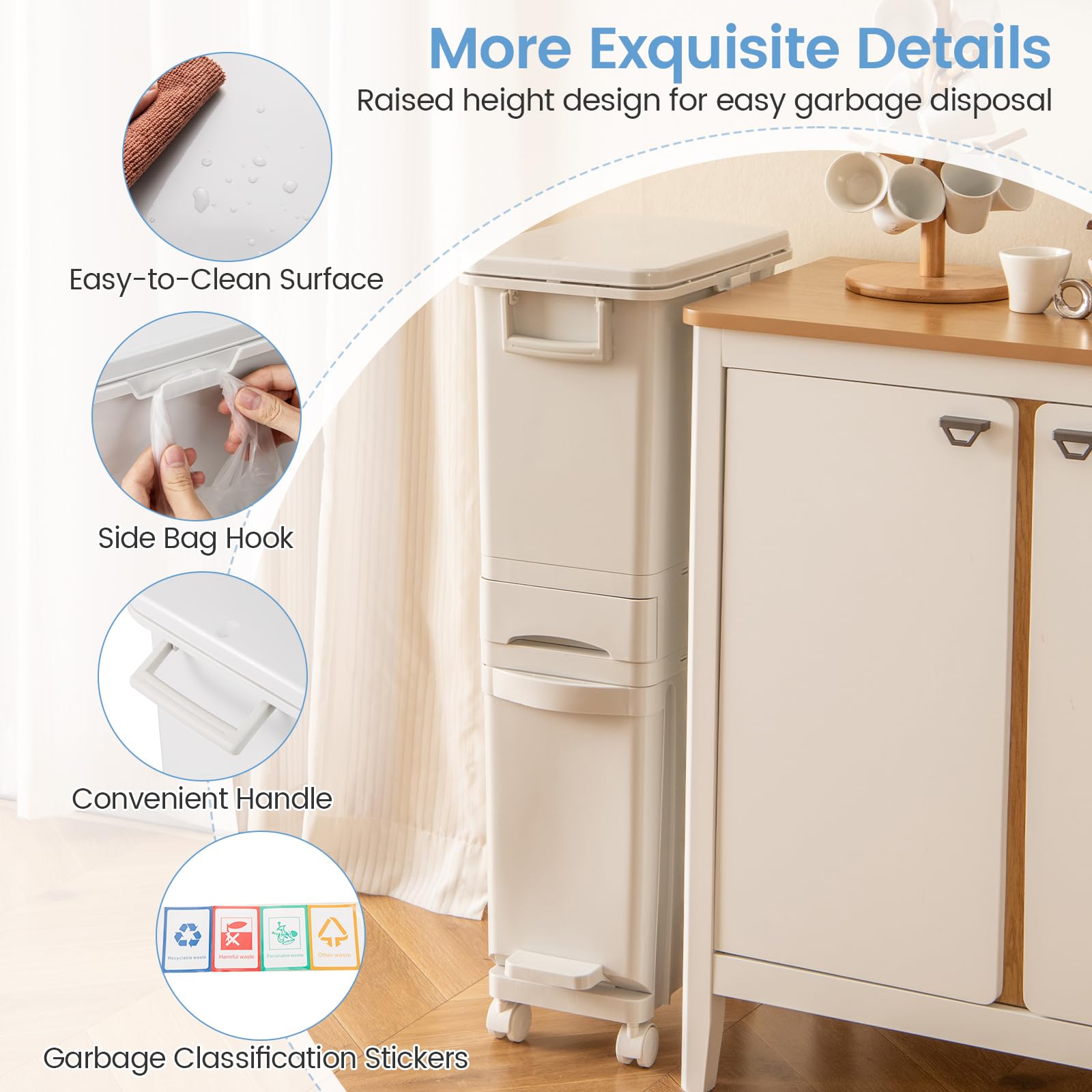 GOPLUS Cubo de Basura Vertical 30L, 3 en 1 con Pedal y Ruedas, Contenedor de Basura con Cubierta, Cajón y Pegatinas de Clasificación para Cocina y Sala de Estar (Blanco)