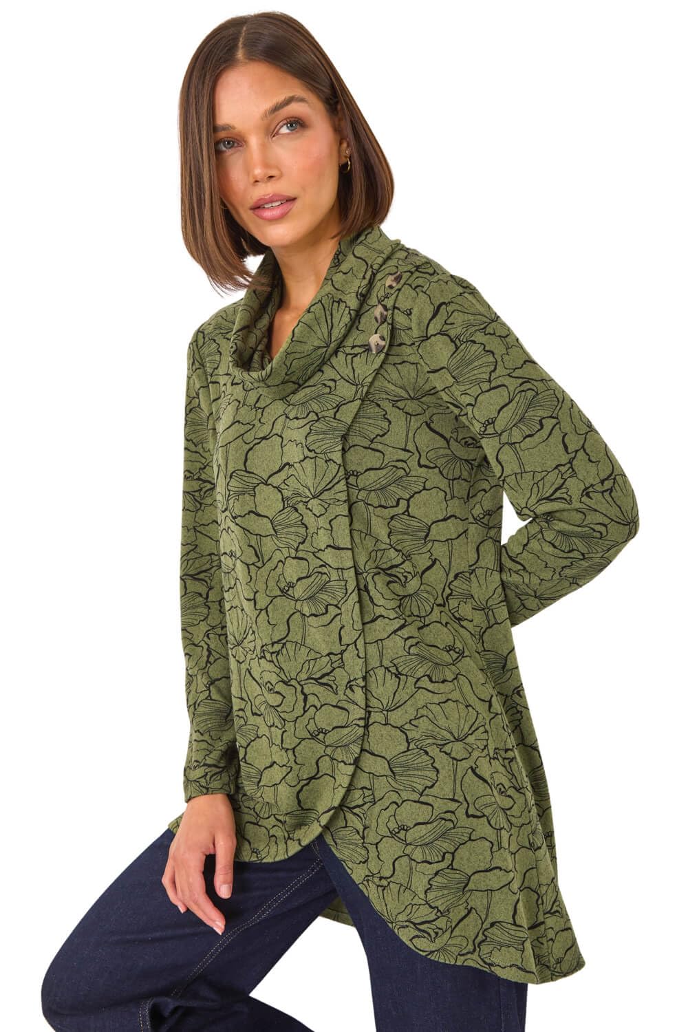Roman Women's Khaki Floral Print Cowl Neck Top Size 18