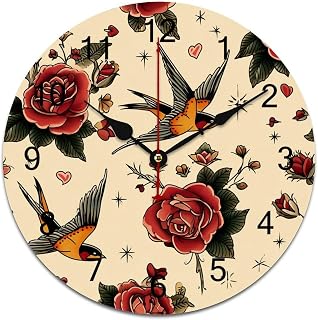Wall Clock for Living Room Decor Old School Style Red Roses Swallow PVC 9.8 Inch Hanging Round Desk Clocks Silent Non-Ticking Battery Operated Easy to Read Bathroom Kitchen Office