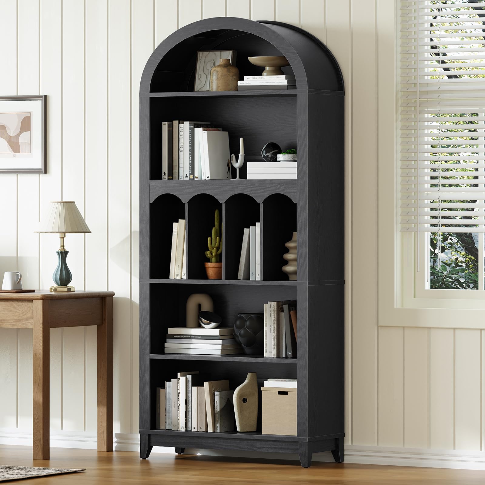 HOOBRO 70.9\" Tall Arched Bookshelf - 5-Tier Farmhouse Bookcase With Storage For Living Room & Office