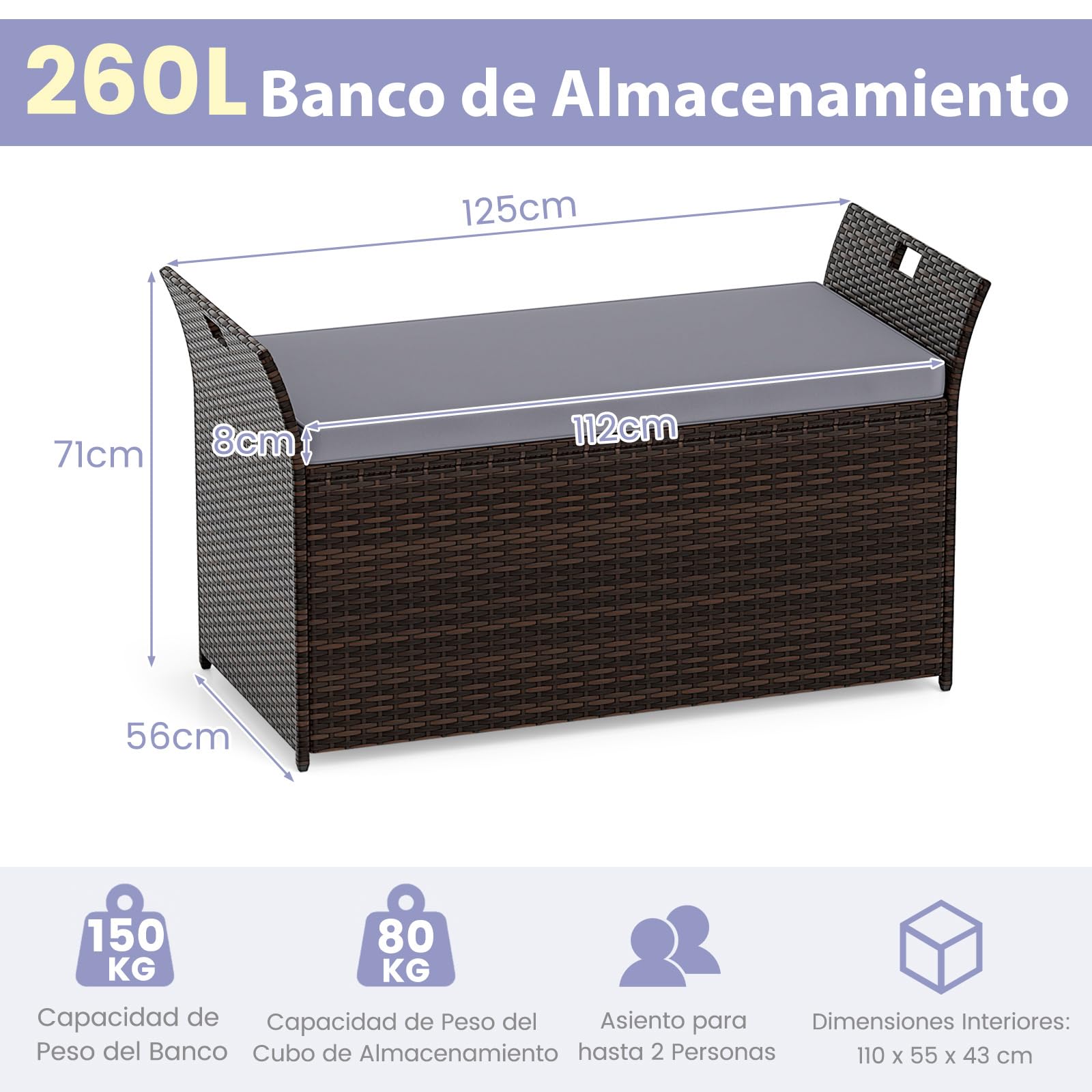 COSTWAY Banco Exterior con Ratán PE, Banco Almacenaje Exterior con Cojín y Manijas Laterales, Baul Almacenaje,125 x 56 x 71 cm, Marrón Rústico