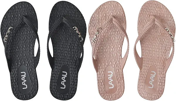LAVAU Beach Flip Flops for Women 2 Pairs, Waterproof Non Slip Thong Sandals for Shower Beach Pool, 100% Recyclable 6 Black+tan