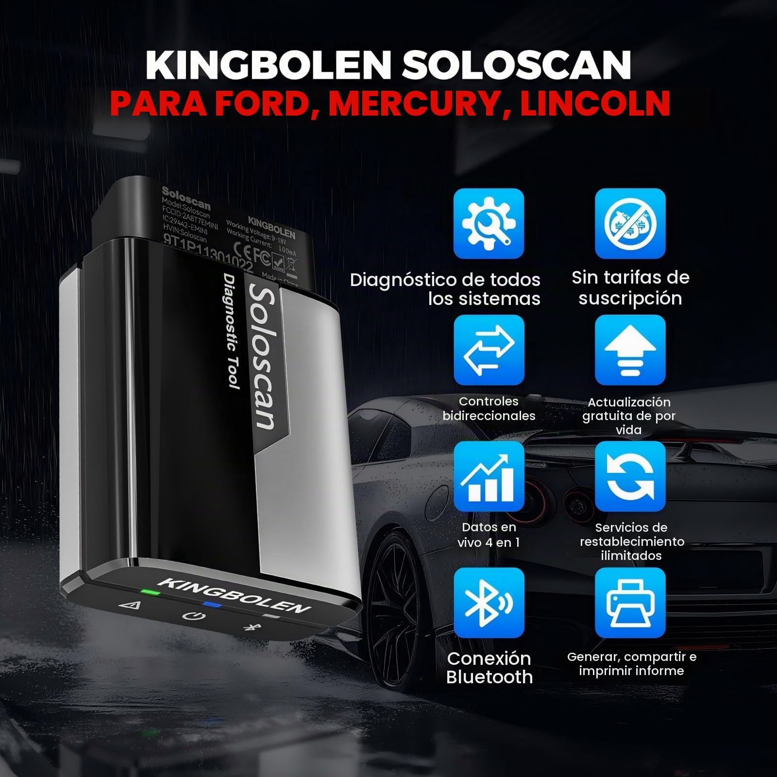 KINGBOLEN Soloscan OBD2 Diagnosis para Ford/Mazda/Lincoln/Mercury, Bluetooth Diagnosis Coche,Diagnóstico de Todos los Sistemas, 50 + reinicio, Actualizaciones gratuitas