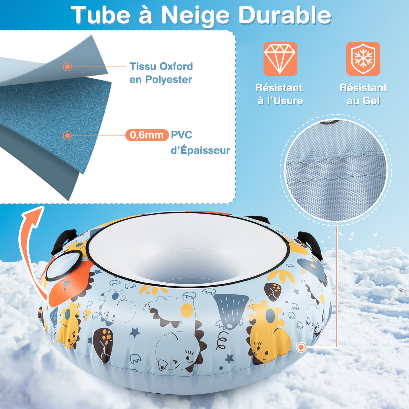 GOPLUS - Trineo para nieve hinchable, 132 cm, trineo resistente al frío con funda Oxford, fondo grueso, 4 asas acolchadas, gancho de correa de remolque, trineo inflable para niños y adultos