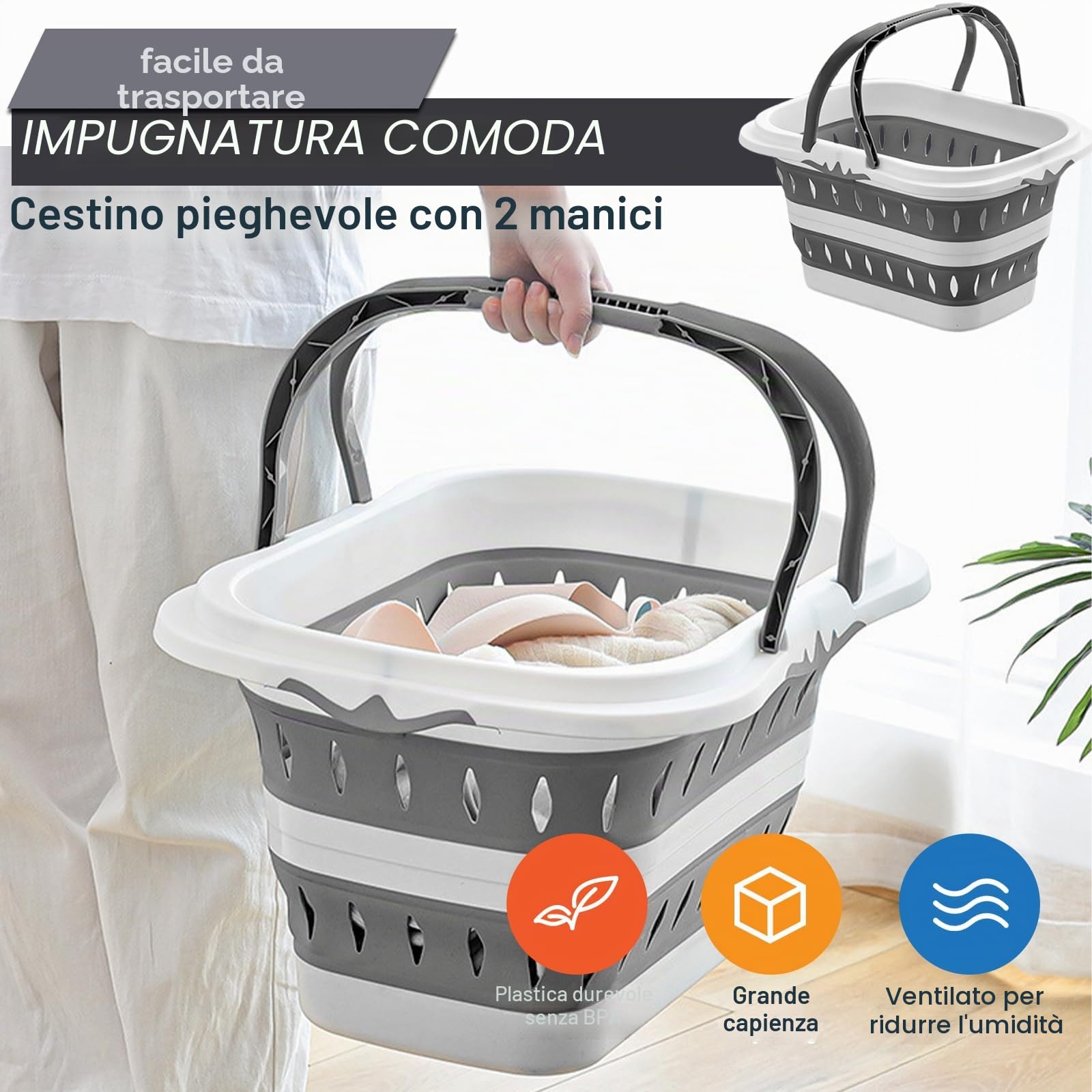 Cesto portabiancheria pieghevole in plastica da 50 litri con manici pieghevoli, cestino portatile salvaspazio per lavanderia, 50 x 38,6 x 29 cm
