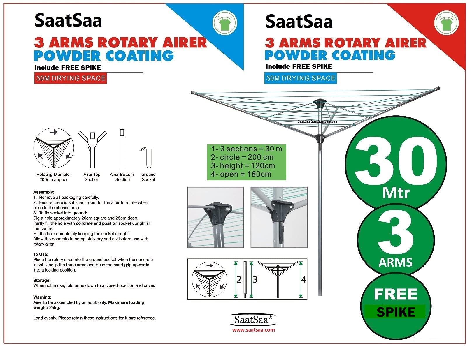 SaatSaa Rotary 30m 3 Arms Garden Washing line Cloths Airer Dryer Pole Compact Powder Coated Steel Folding Laundry Prop Support Outdoor Airer Umbrella Tree System FREE PVC Rain Cover and Ground Spike