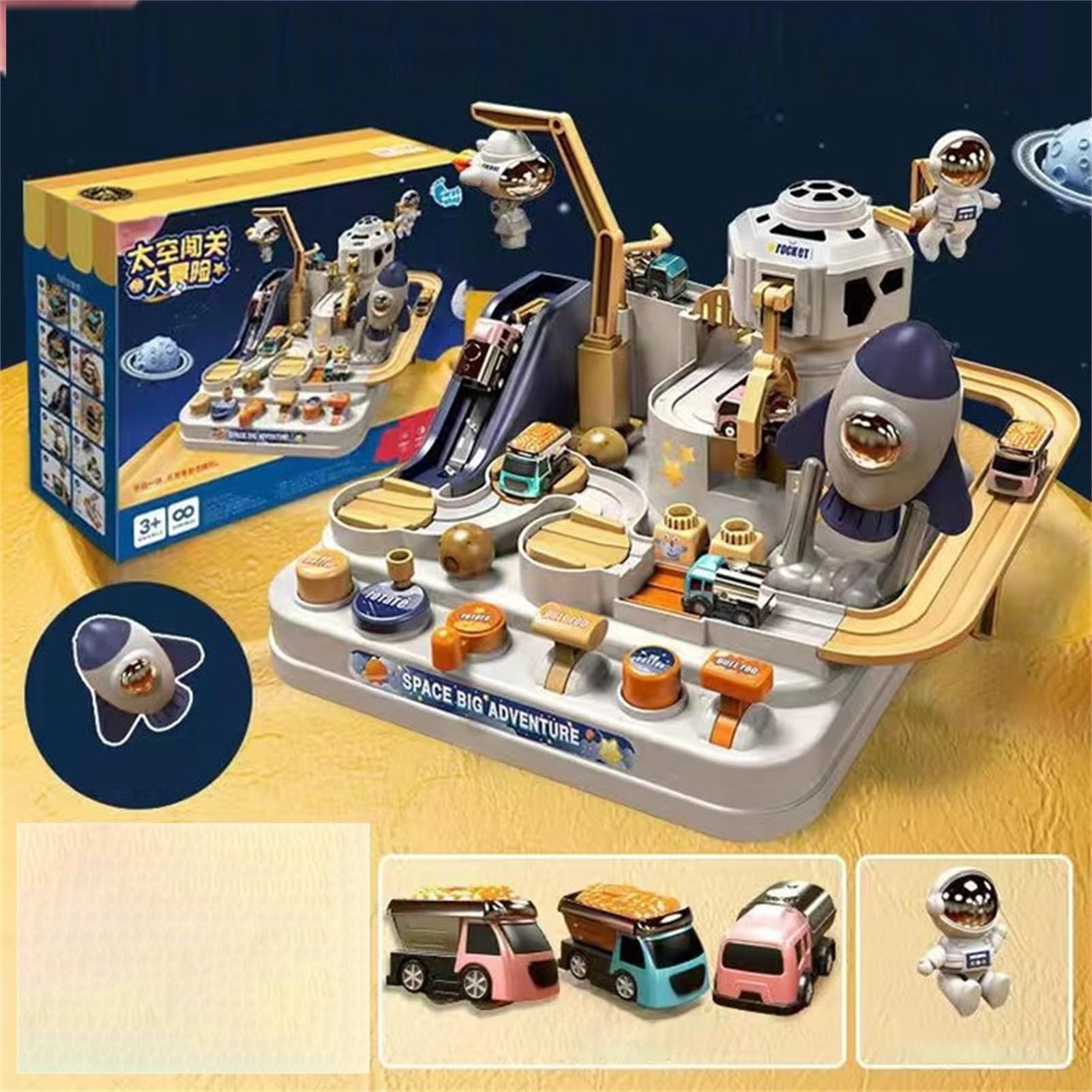 Car Spaces Adventure Toys - Set da pista, gioco educativo per bambini in età prescolare, 3 mini auto e figura di astronauta | Attività di apprendimento per ragazze e ragazzi, regalo divertente per la