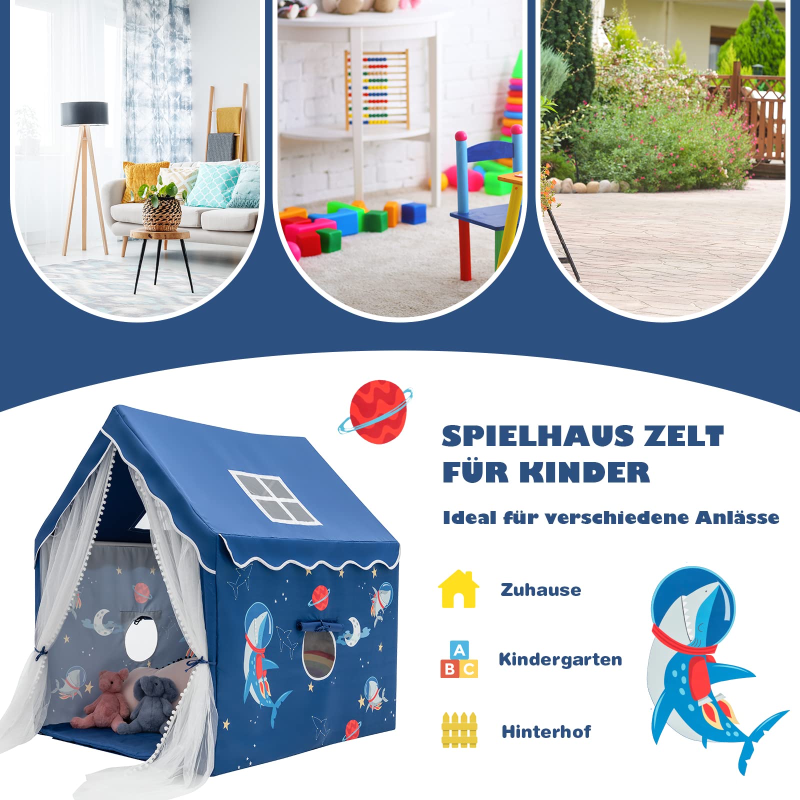 GOPLUS Domek do zabawy dla dzieci, namiot dla dzieci z grubą matą, 2 okna, zasłony i gaza, domek dla dzieci do pokoju dziecięcego, namiot księżniczki, namiot dla 2-3 dzieci od 1 roku życia (niebieski)