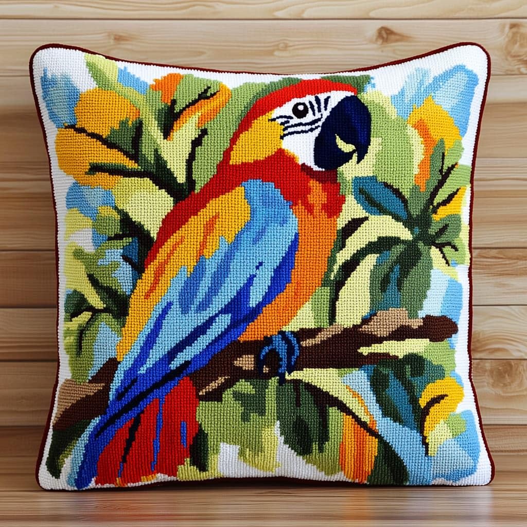 Taxpy Latch Hook Cushion Kits, Parrot on a Branch Pillow Case Rug Cover Beginner DIY Needlework Embroidery Kits Handmade Set 43 * 43cm