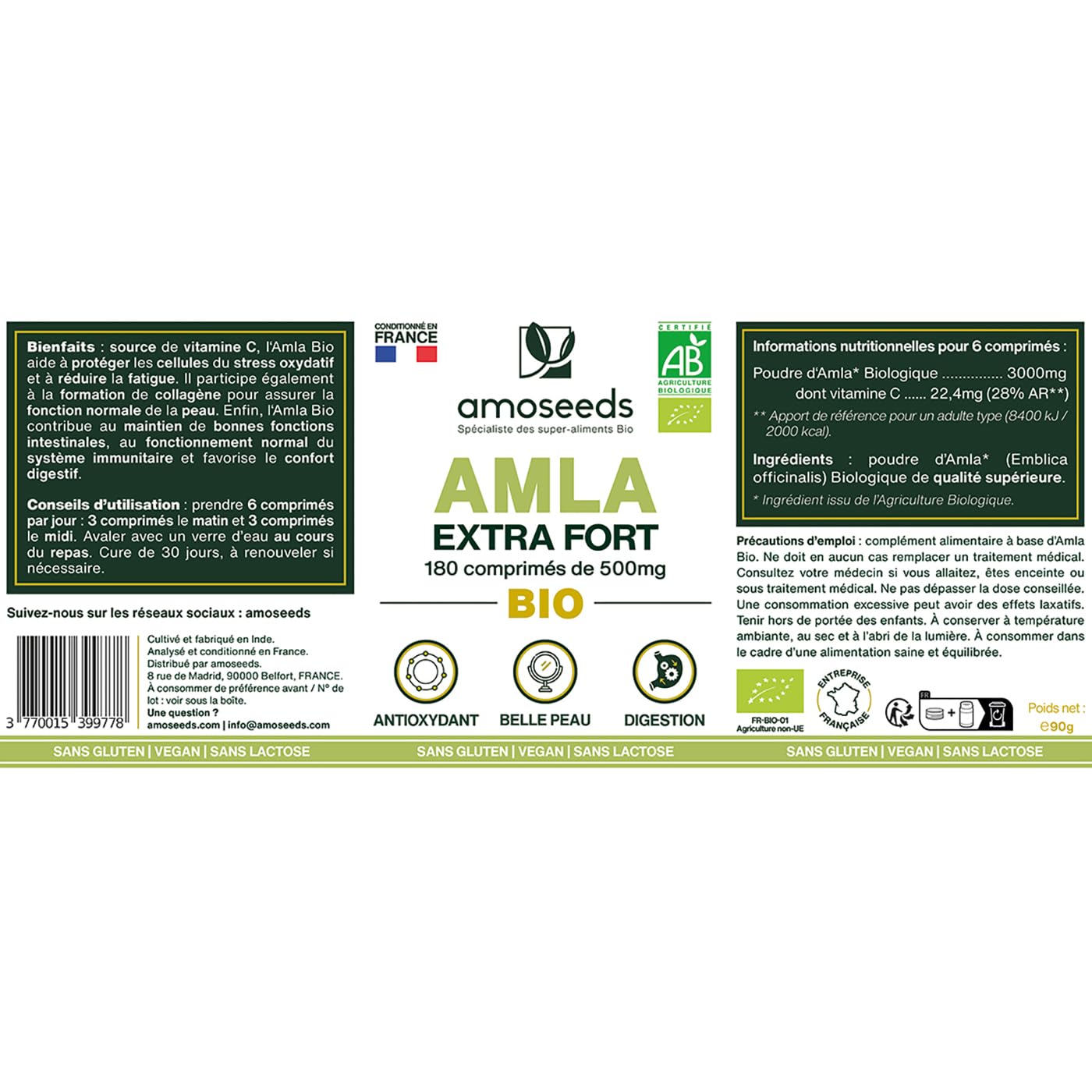 Amla BIO 180 comprimés de 500mg | Peau, Cheveux, Digestion | Amalaki, Groseille Indienne | Qualité Supérieure
