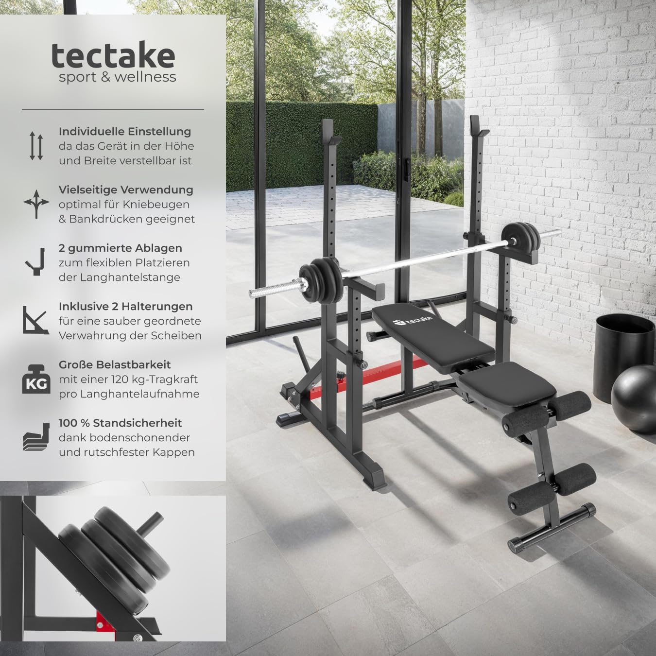 tectake® Squat Rack, Höhe und Breite verstellbare Langhantelablage, Kniebeugenständer mit Sicherheitsablage und Scheibenständer, Langhantelständer für Zuhause Fitness Training Home Gym