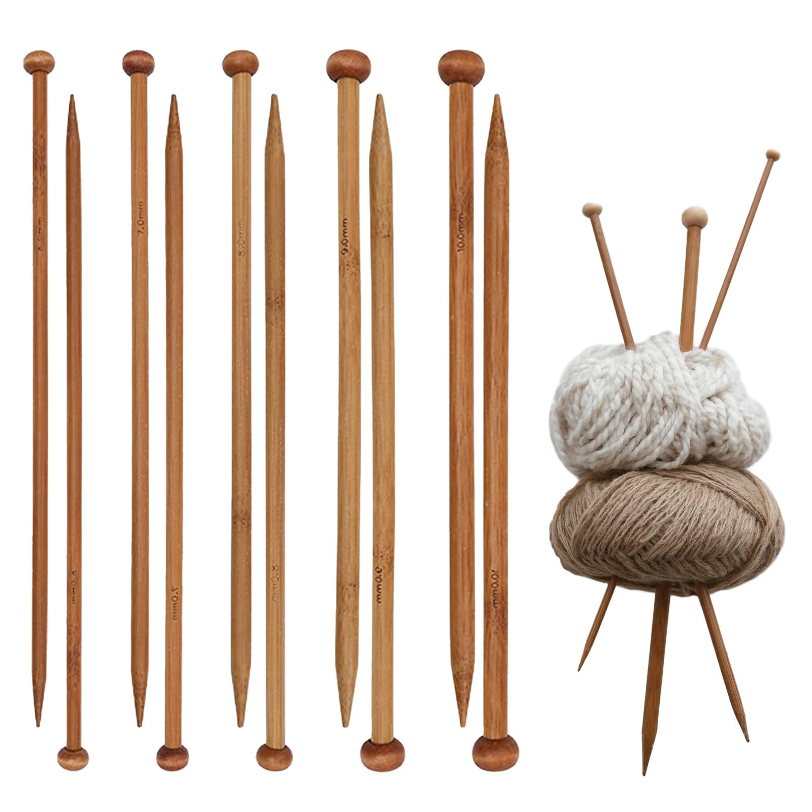 Chersun Wood Color 10Pcs Bamboo Knitting Needles Set, 6.0Mm 7.0Mm 8.0Mm 9.0Mm 10.0Mm, Chunky Knitting Needles For Hand Knitting Blankets Scarves Sweaters, Smooth Lightweight Knitting Needle Set For Beginners Adults