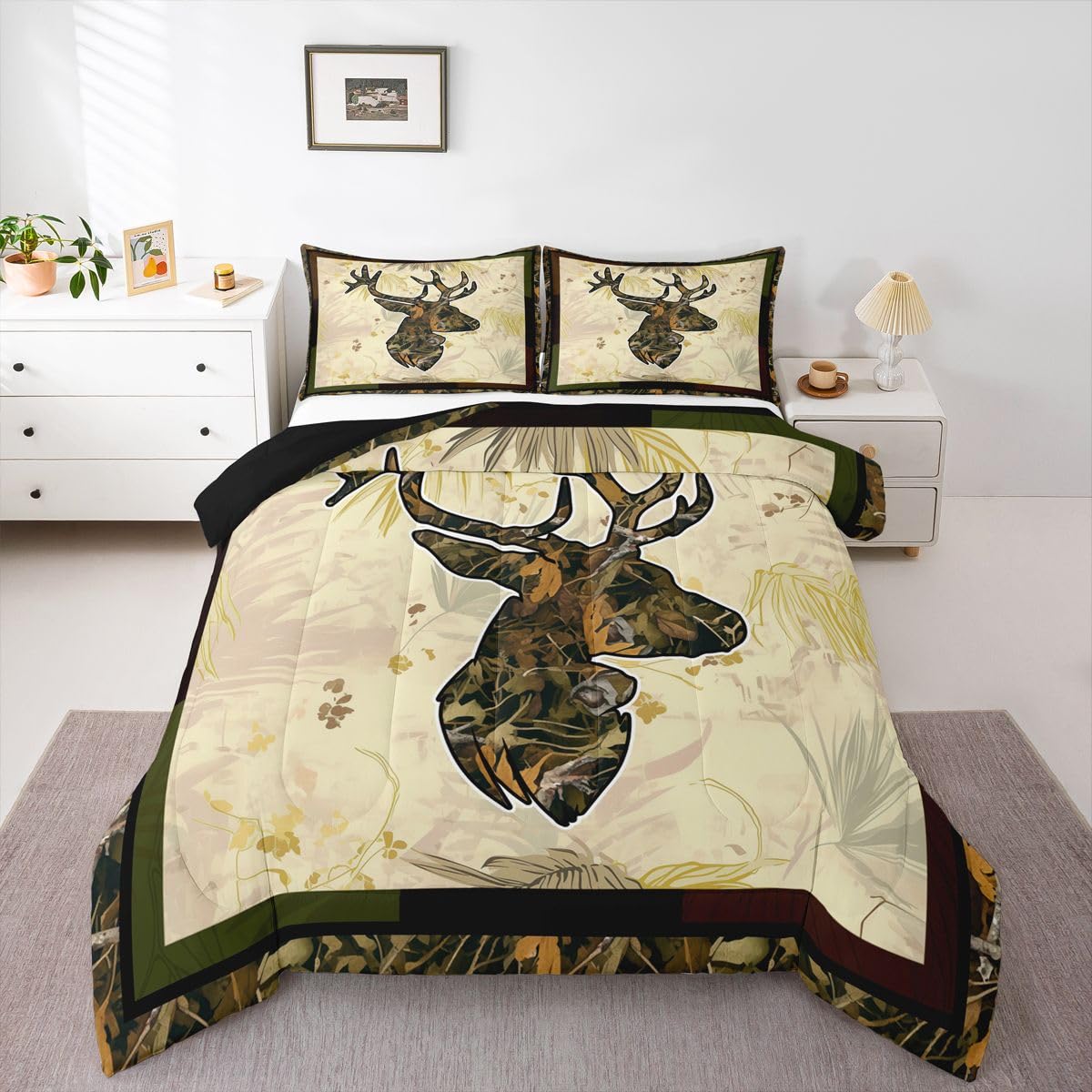 Erosebridal Hunting Deer Bedding Sets Queen Woodland Camo Antler Down Comforter Western Rustic Farmhouse Style Comforter Set for Cabin Lodge,Nature