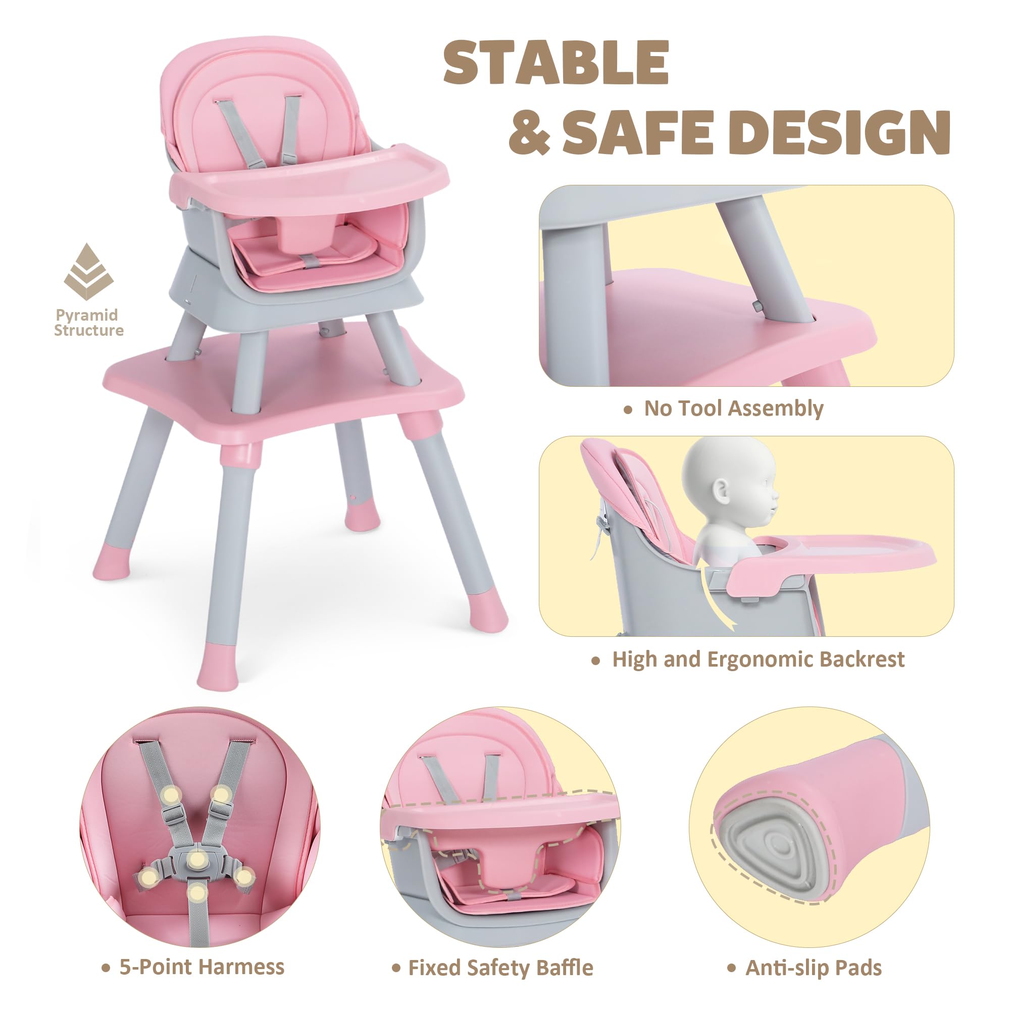 TODEFULL Baby High Chair, 8 in 1 Convertible Highchairs for Babies and Toddlers, Children Dining Booster Seat/Kids Building Block Table for Girls Boys, Baby Seat with Removable Tray, Pink