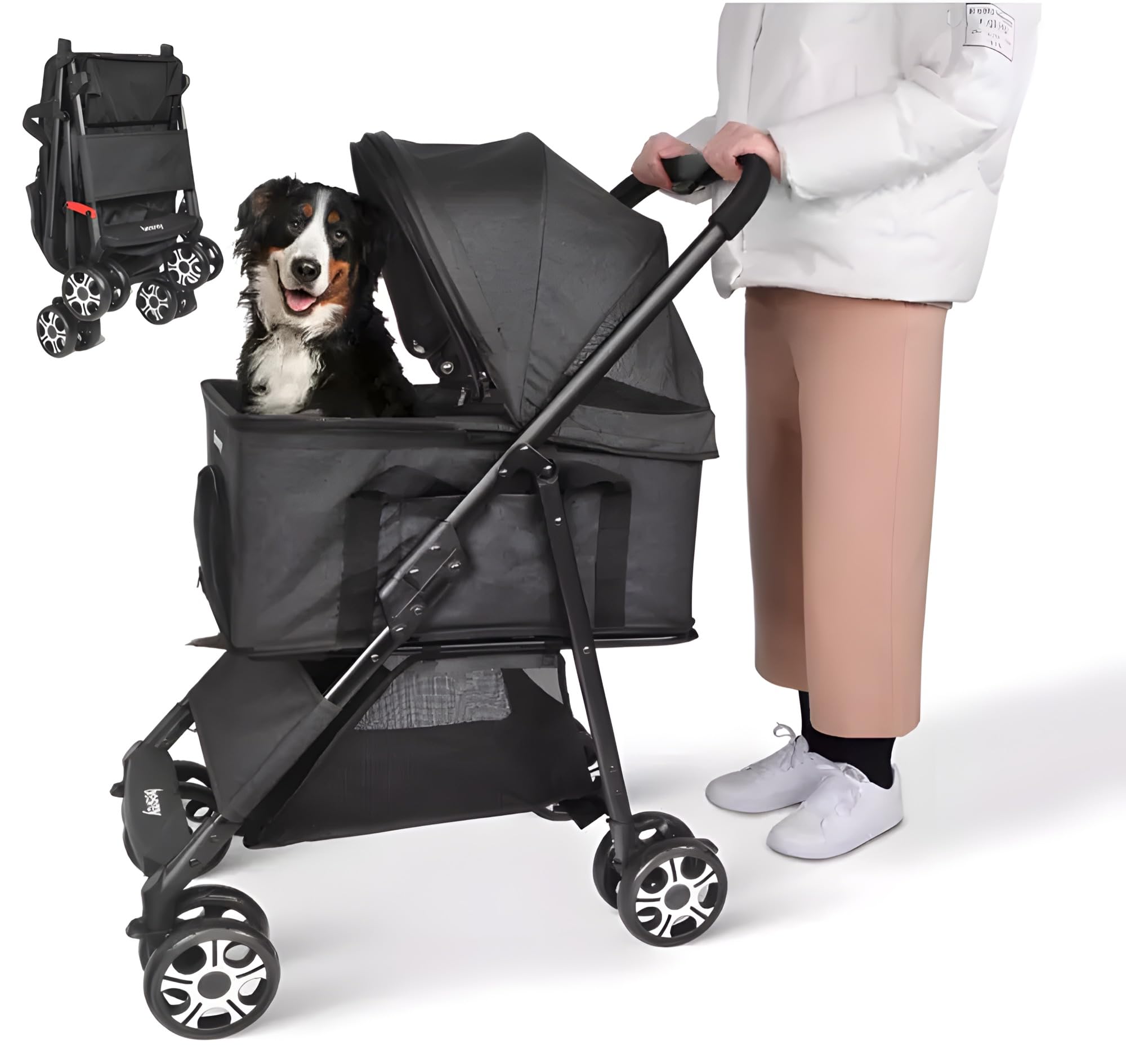 Pet Pram Stroller for Cats and Small Dogs Walks Folding Travel Carrier with Wheels, Black-image-26