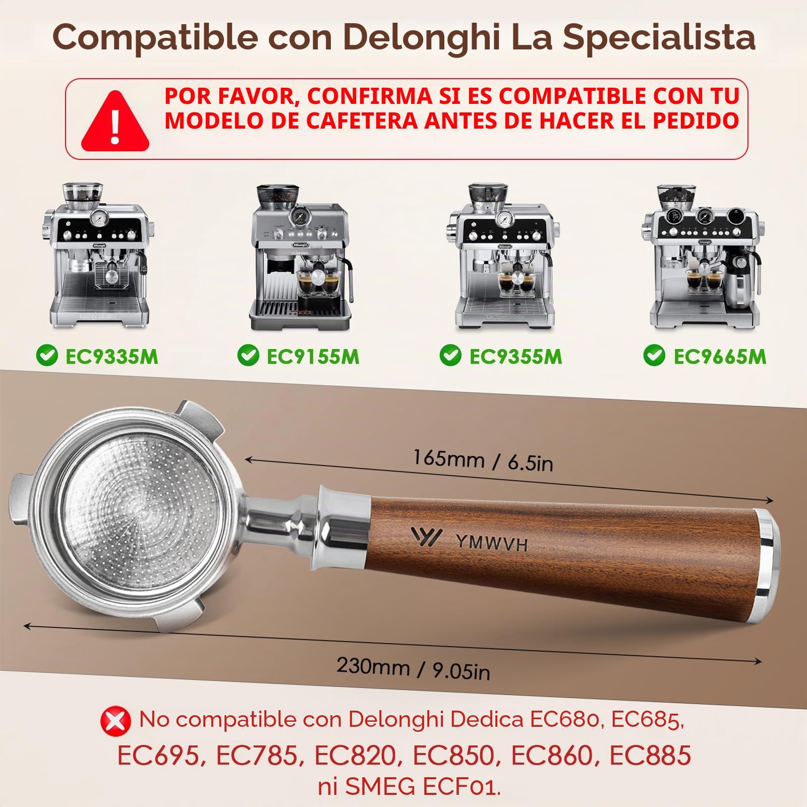 Filtro con 3 orejas para la máquina de café espresso De'Longhi La Specialista, 51 mm, EC9335, 9155, 9355, 9665, 100% taza, cesta de filtro de acero inoxidable y mango de nogal DE