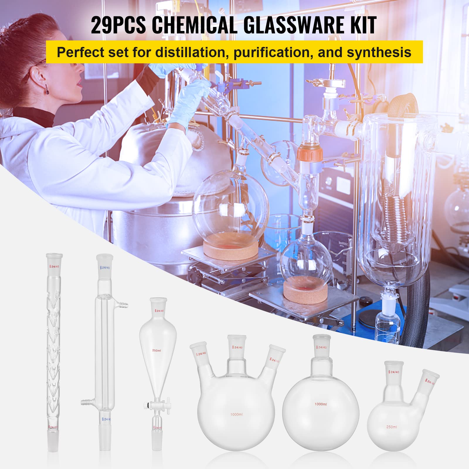 VEVOR Kit de Destilación de Laboratorio de Vidrio Boro 3.3, 1000 ml, 29 Piezas, con 24 y 40 Compuestos