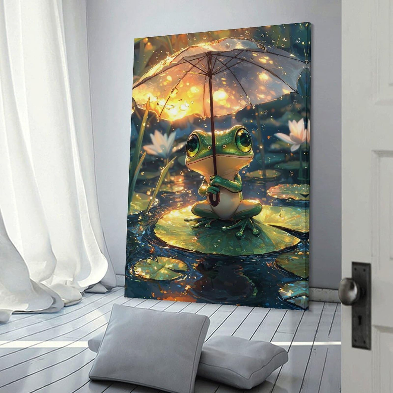 Junmoney Frog with Umbrella in Rain Canvas Wall Decor, 12x18inch(30x45cm), for Apartment Walls, Studios Or Work Areas, Decorative Canvas Decor for Home Updates