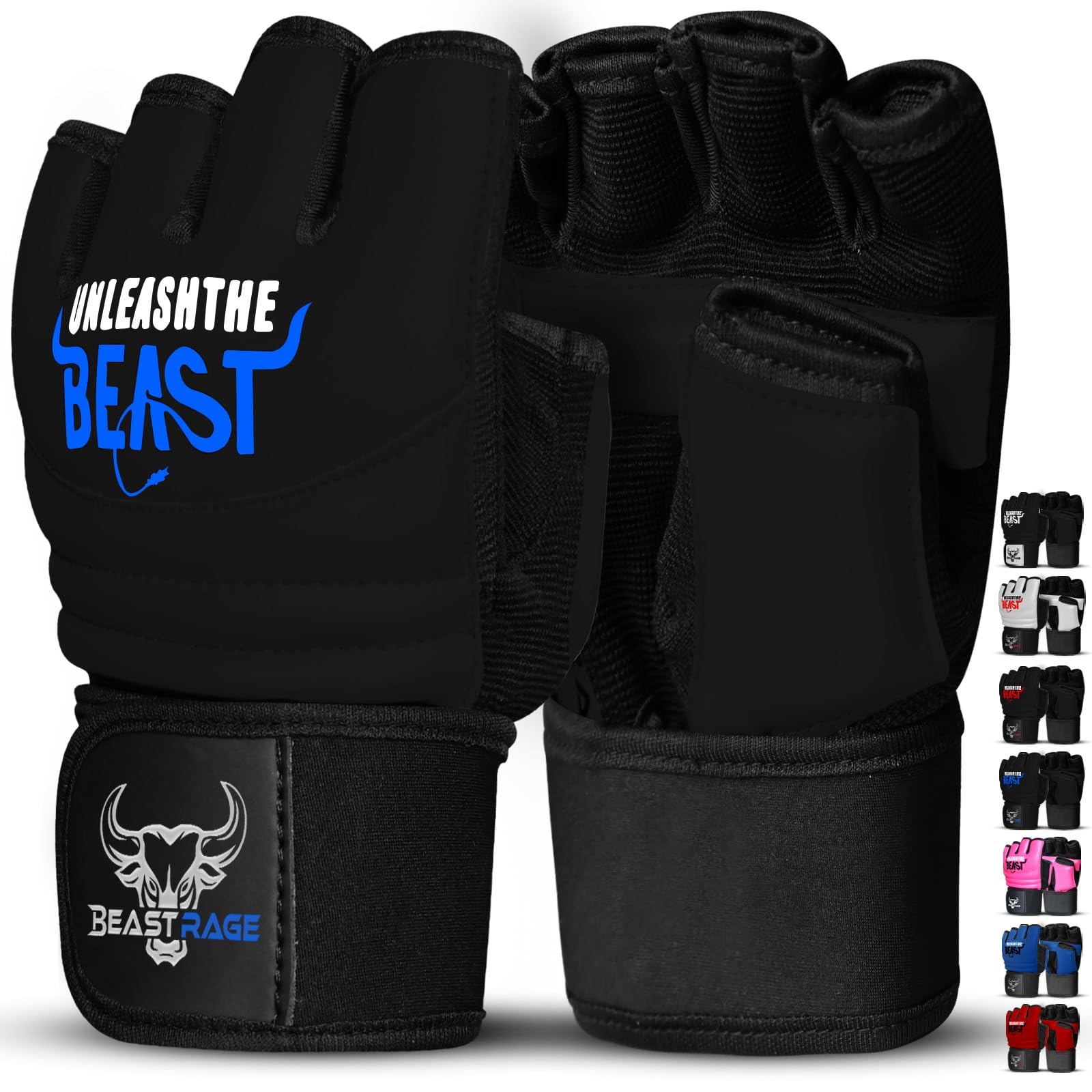 BEAST RAGE Punch Bag Taekwondo Karate Gloves for Men and Women,Half Finger MMA Kickboxing Sparring Martial Arts Boxing Fight Gloves Training Light Workouts,Muay Thai,Karav MAGA (Black/Blue, S)