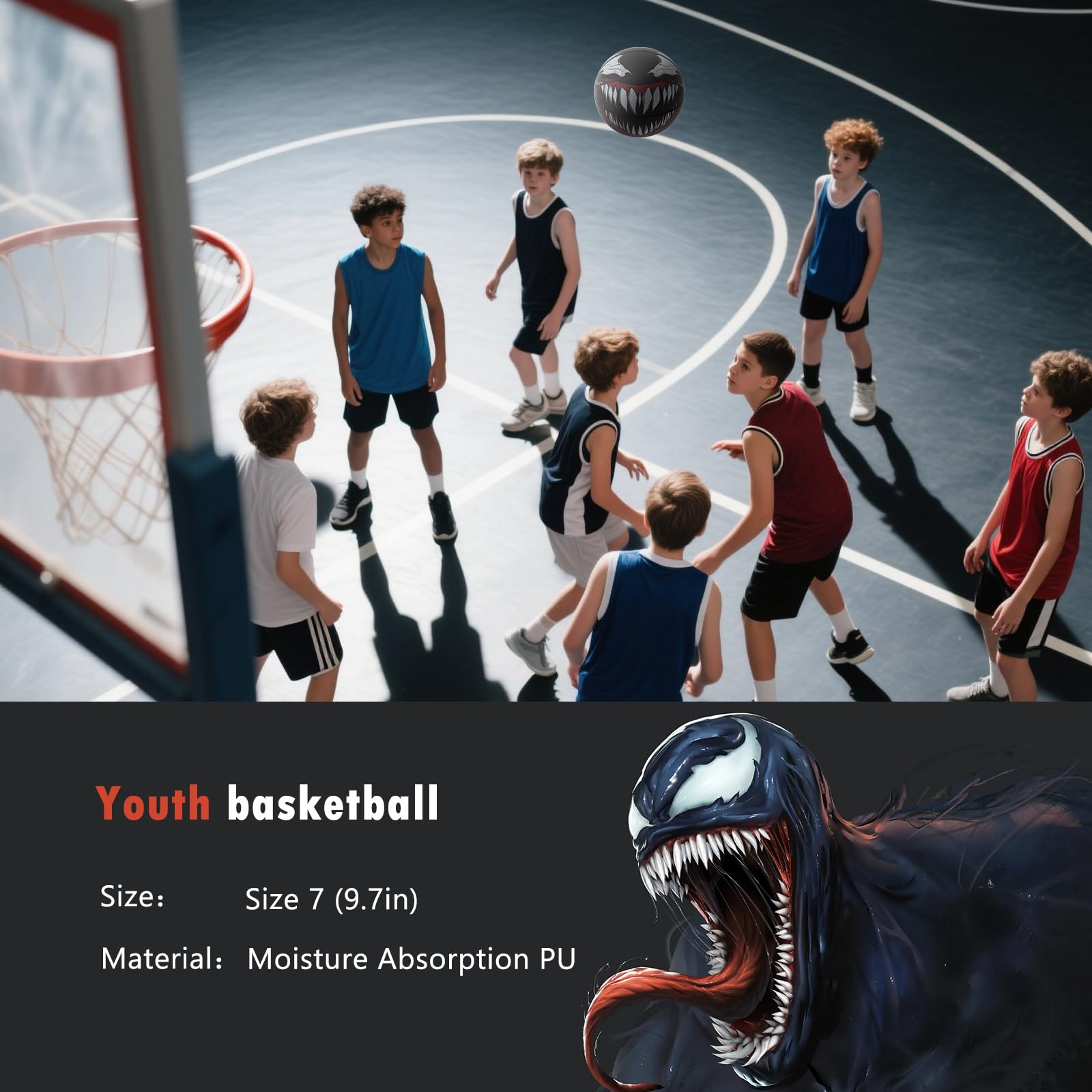 Venoms Printings Glow in The Dark Basketball Cool Glowing Luminous Basketball with Pump and Bag Indoor Outdoor PU Leather Size 7