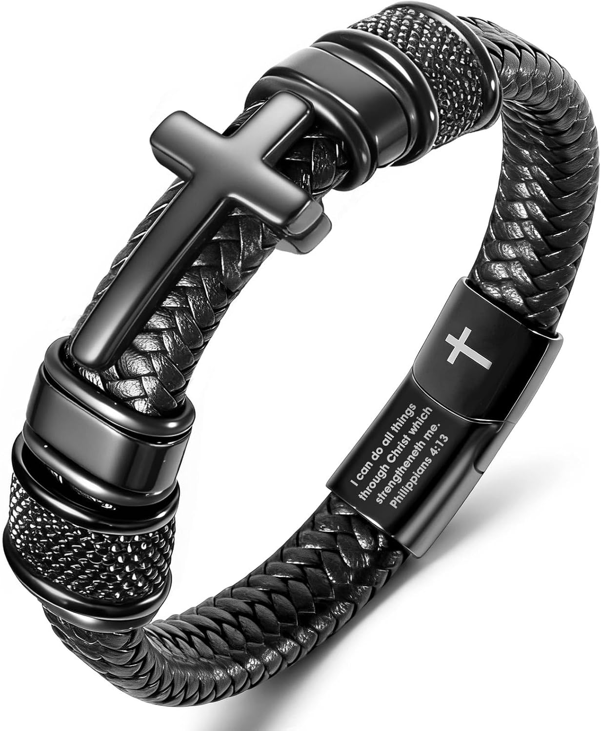 Mens Christian Bracelet, Cross Bracelet for Men, Gifts for Dad Husband Boyfriend Son, Engraved Bible Verse Jewelry, Stainless Steel Cross, Black Braided Leather Bracelets