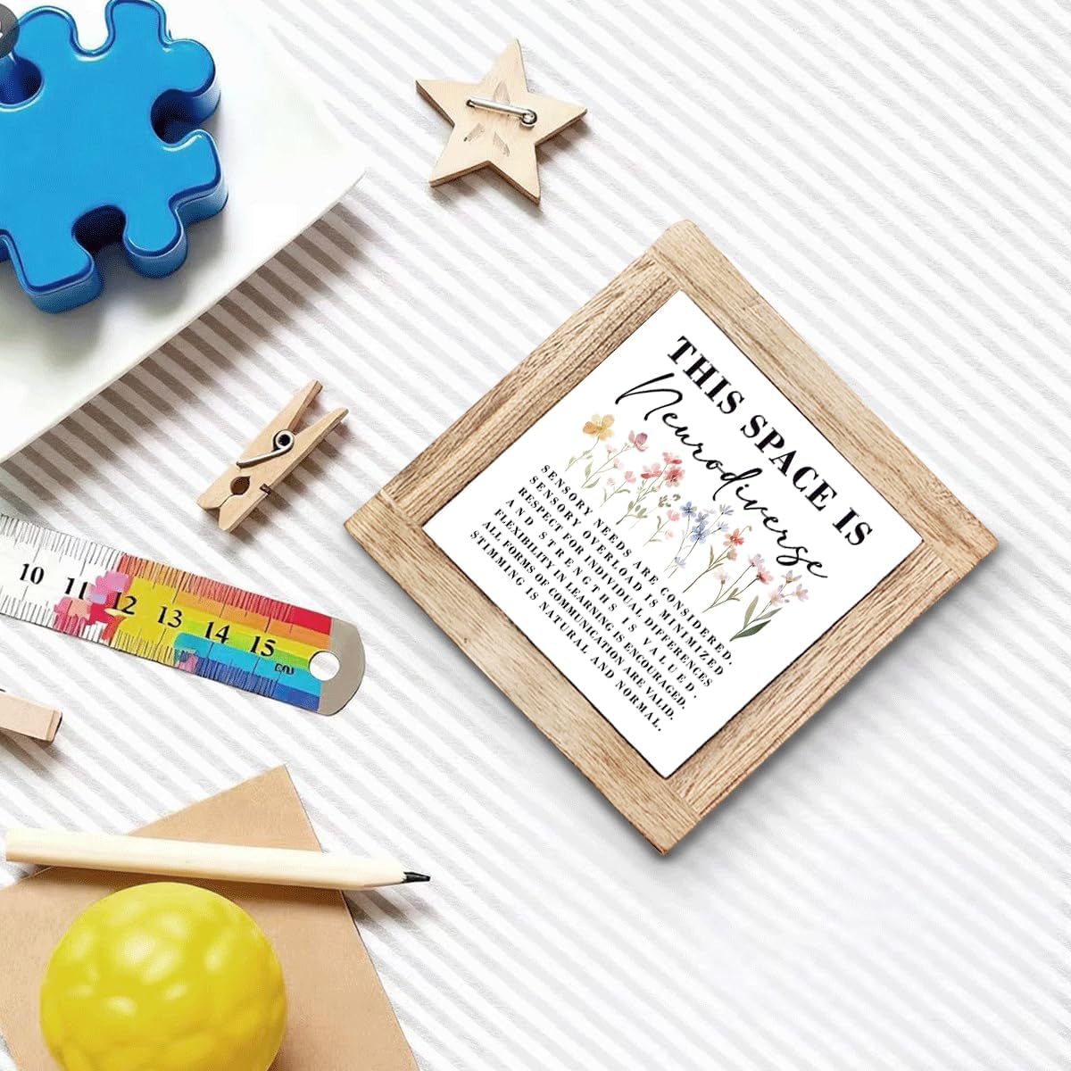 Autism Sign This Space Is Neurodiverse Solid Wood Sign Wooden Decor Signs For Wall Table ASD Awareness Acceptance Gift Mental Health Decor Autism Therapist Office Support Decoration 5.9x5.9 Inch - Image 4