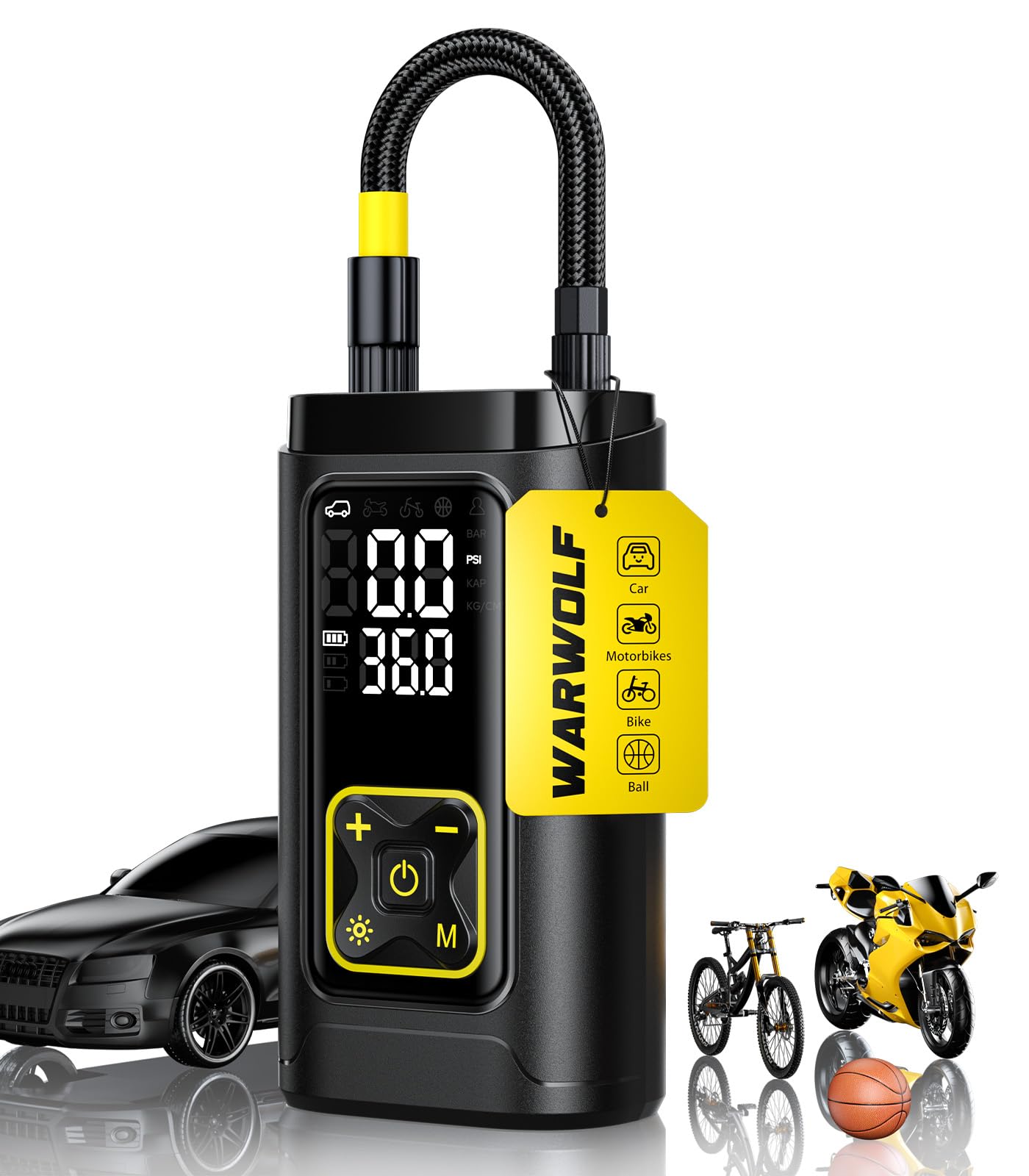 WarWolf 150PSI Tire Inflator Portable Air Compressor- 3X Fast Air Pump with Auto Shut-Off,Digital Gauge,LED Light,Cordless Electric Tire Pump for Cars,Motorcycle,Bike and Ball - 1