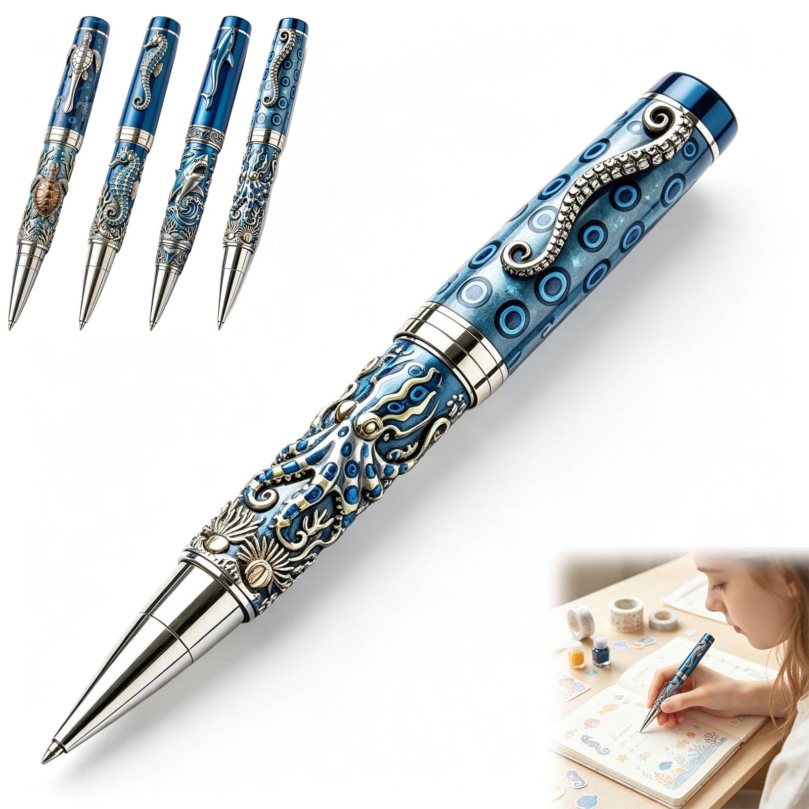 Sea Animal Metal Rollerball Pen,2D Vintage Blue Ringed Octopus Pen，Octopus