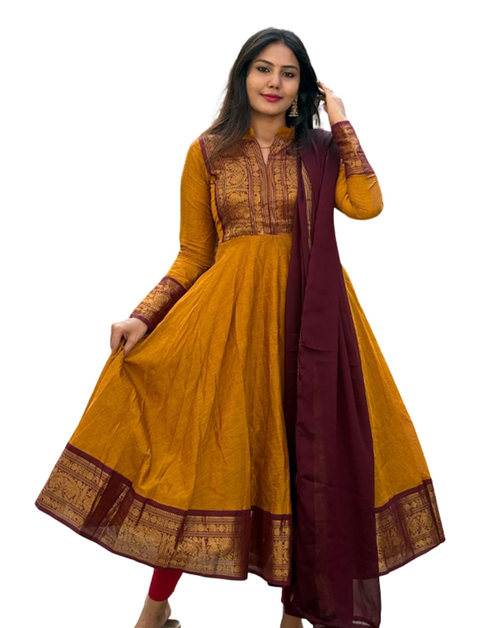 Women's Vichitra Silk Anarkali Gown Chanderi Dupatta - Vichitra Silk Fabric Kurta with Jacquard Weaving Zari Border, Collar Neck Design, Ethnic Dress for Women Pink-image-10