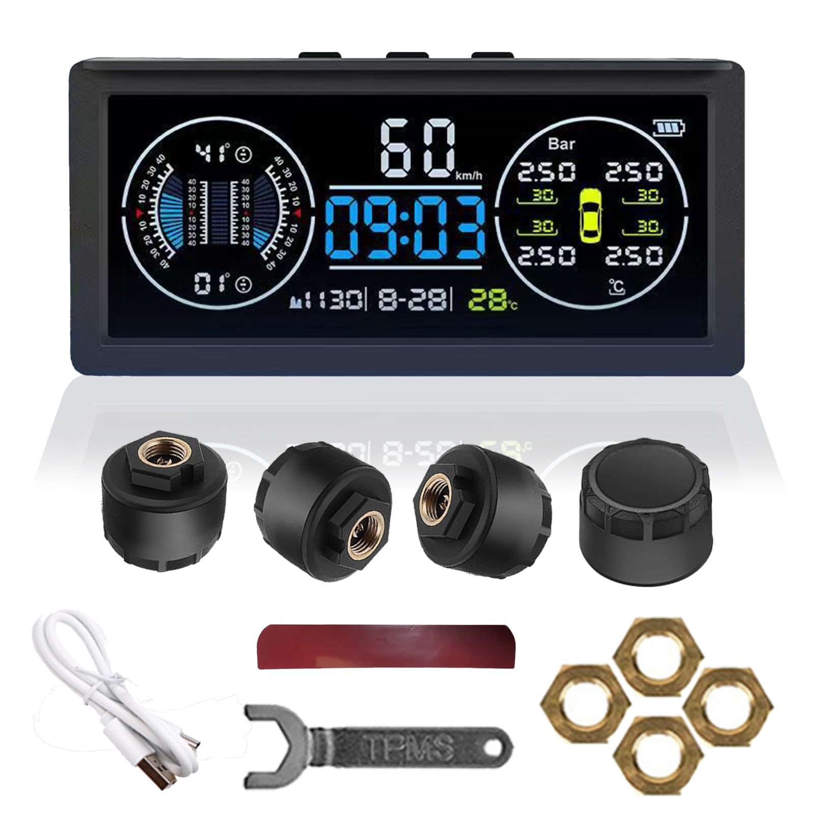 Multifunktional Reifendruckkontrollsystem, TPMS mit 4 Externen Sensoren | Solaraufladung Monitor Universal Geschwindigkeit mit Farbiger LCD Anzeige 9.9BAR/199Psi für Van RV LKW SUV