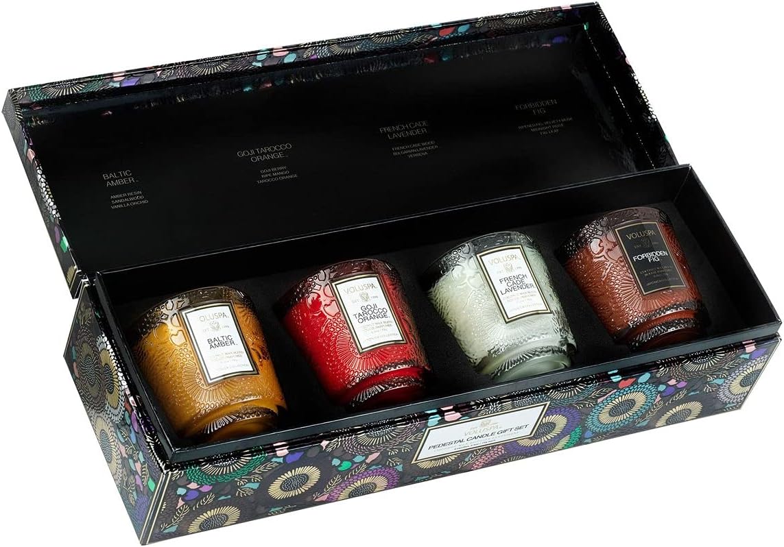 Voluspa Best Sellers - 4 Piece- Pedestal Candle Gift Set - Velvet Box - 7395