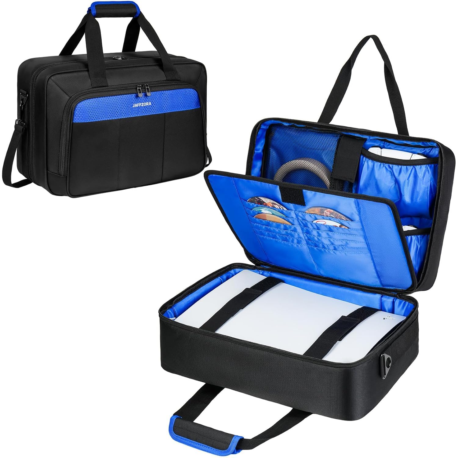 Carrying Case for PS5 PRO/PS5/PS5 Slim, Travel Protective Bag Fits for PlayStation 5 Console, Controllers, Game Discs & Gaming Accessories, Black&Blue
