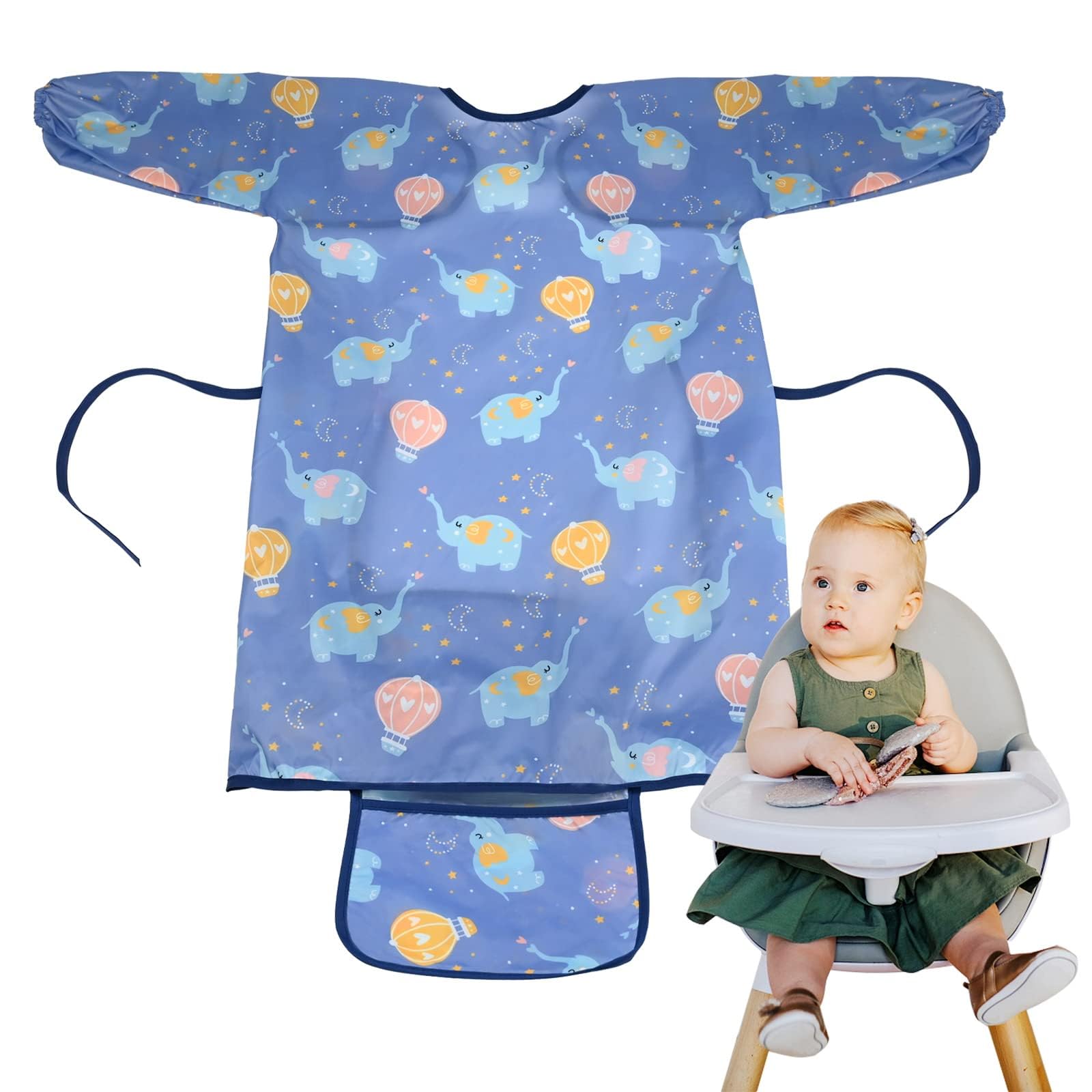 BIGTHREE Waterproof Weaning Bib, Long Sleeves Anti-Dirty Feeding Bib for Baby Eating, Fully Covers Highchair, Easy to Clean, Blue, One Size